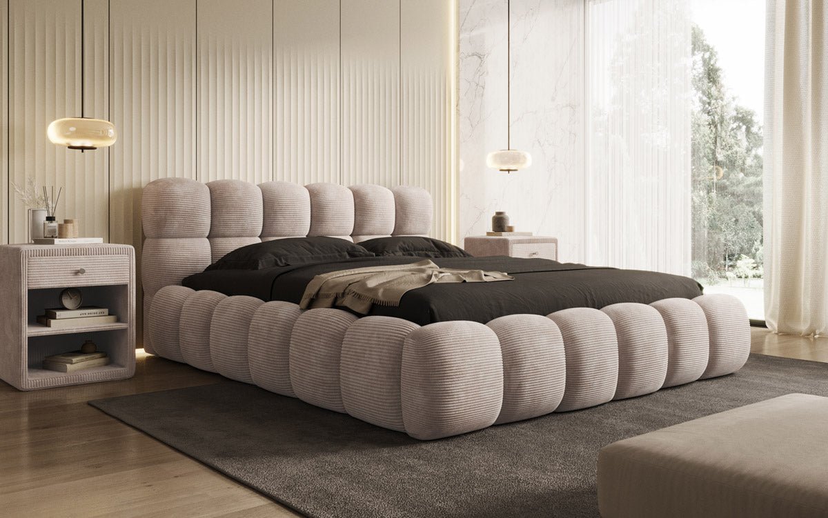 Gemütliches Designer Cord-Polsterbett Boston mit Clevem Stauraum – Dein Schlafparadies!