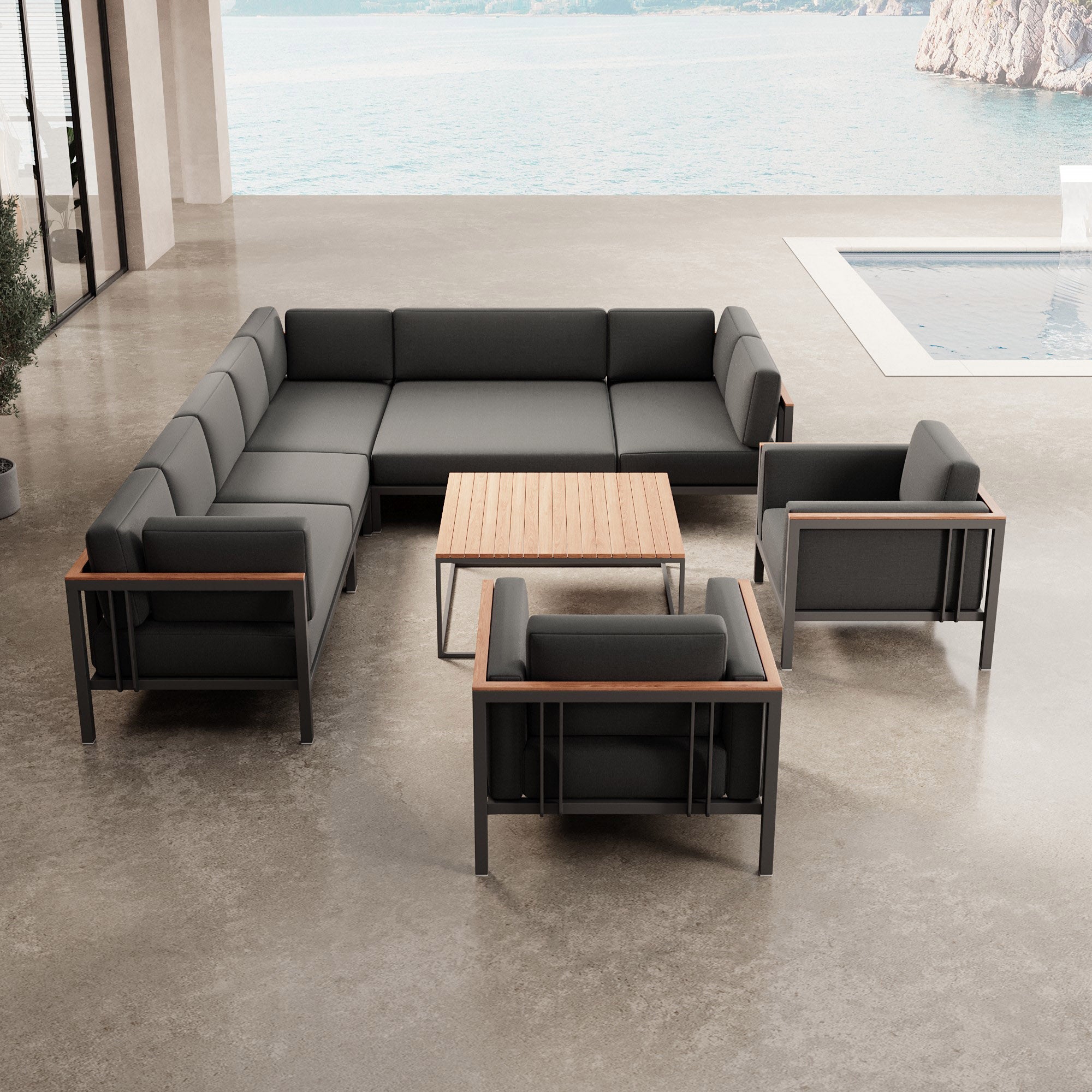 Luxuriöses Wetterfestes Garten Lounge Set: Ecksofa, Sessel, Aluminium, Sunbrella Stoff