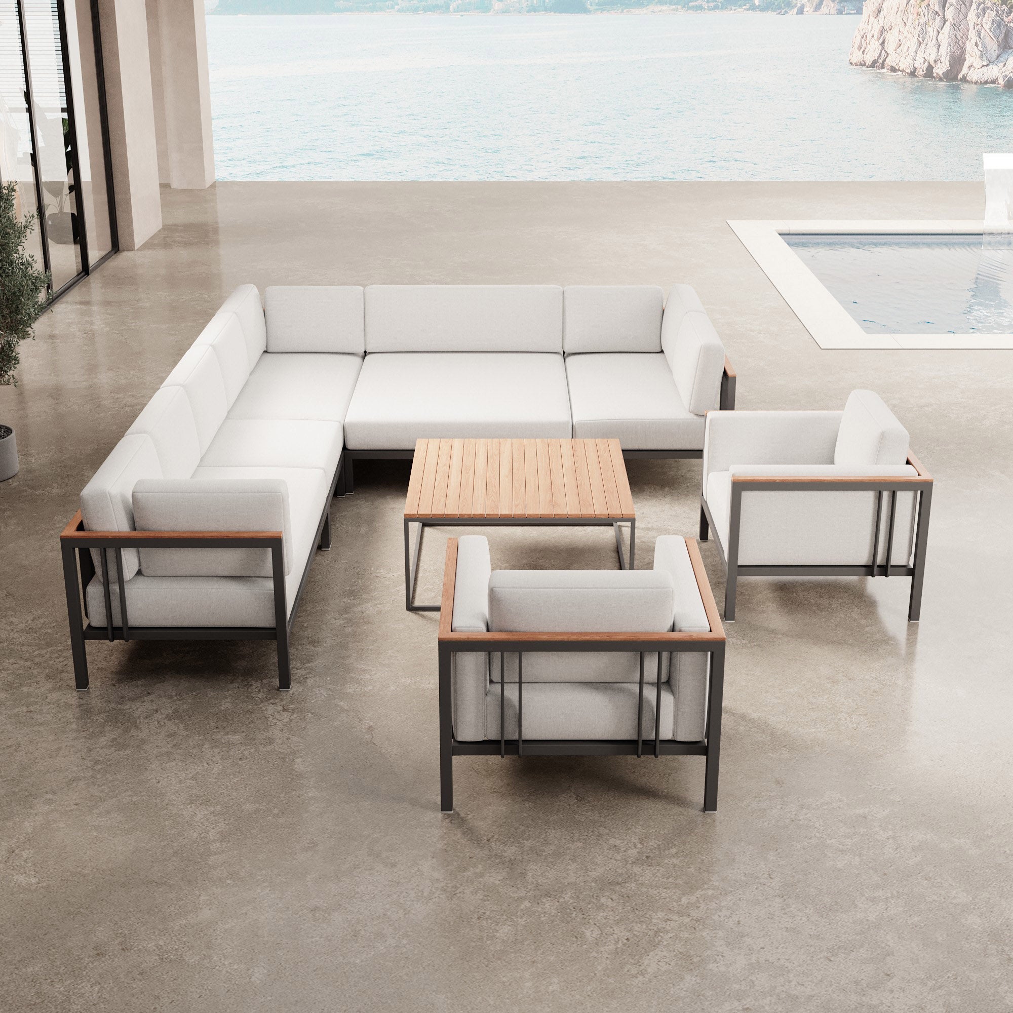 Luxuriöses Wetterfestes Garten Lounge Set: Ecksofa, Sessel, Aluminium, Sunbrella Stoff