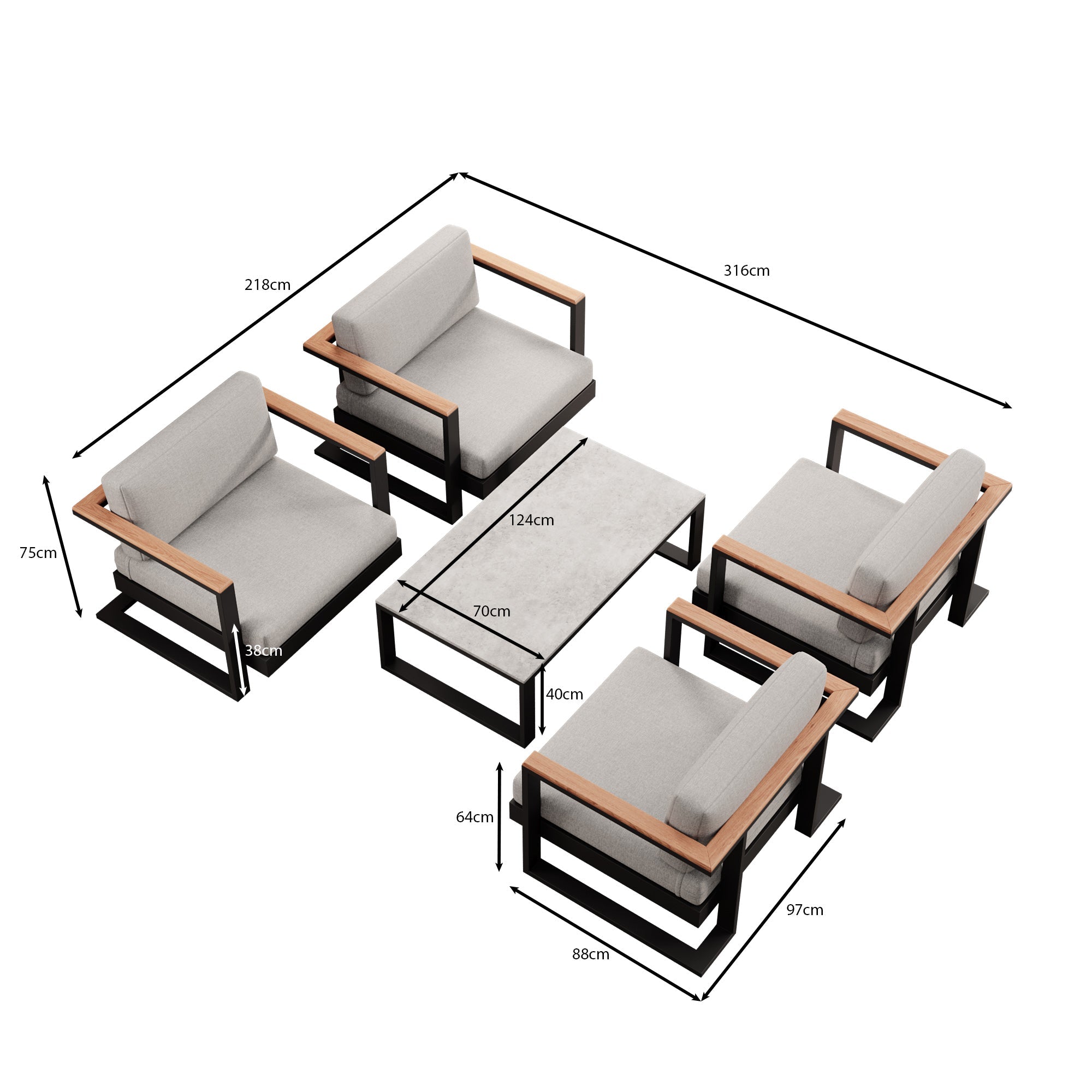 Vayla Luxus Outdoor Lounge Set: 4 Aluminium Sessel & Tisch, wetterfest