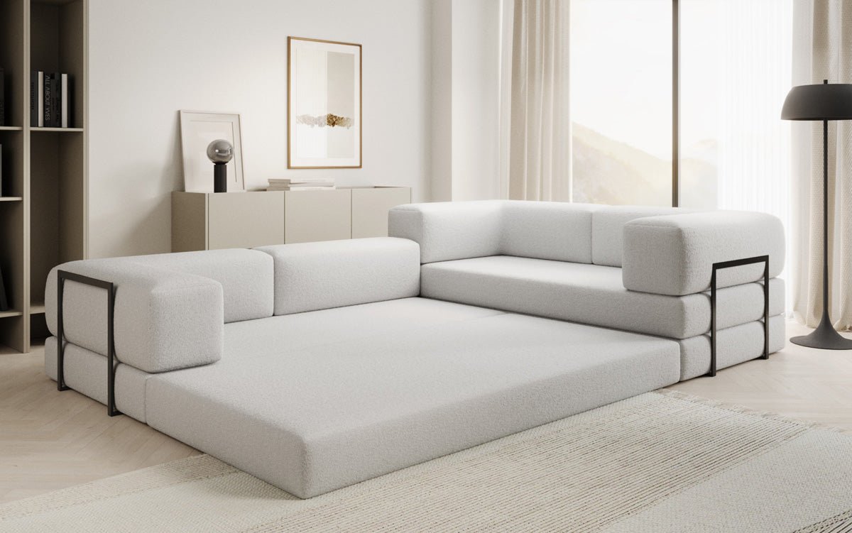 Luxuriöses Designer Ecksofa Lazy L Bouclé – Vielseitig, Gemütlich mit Schlaffunktion & Stauraum