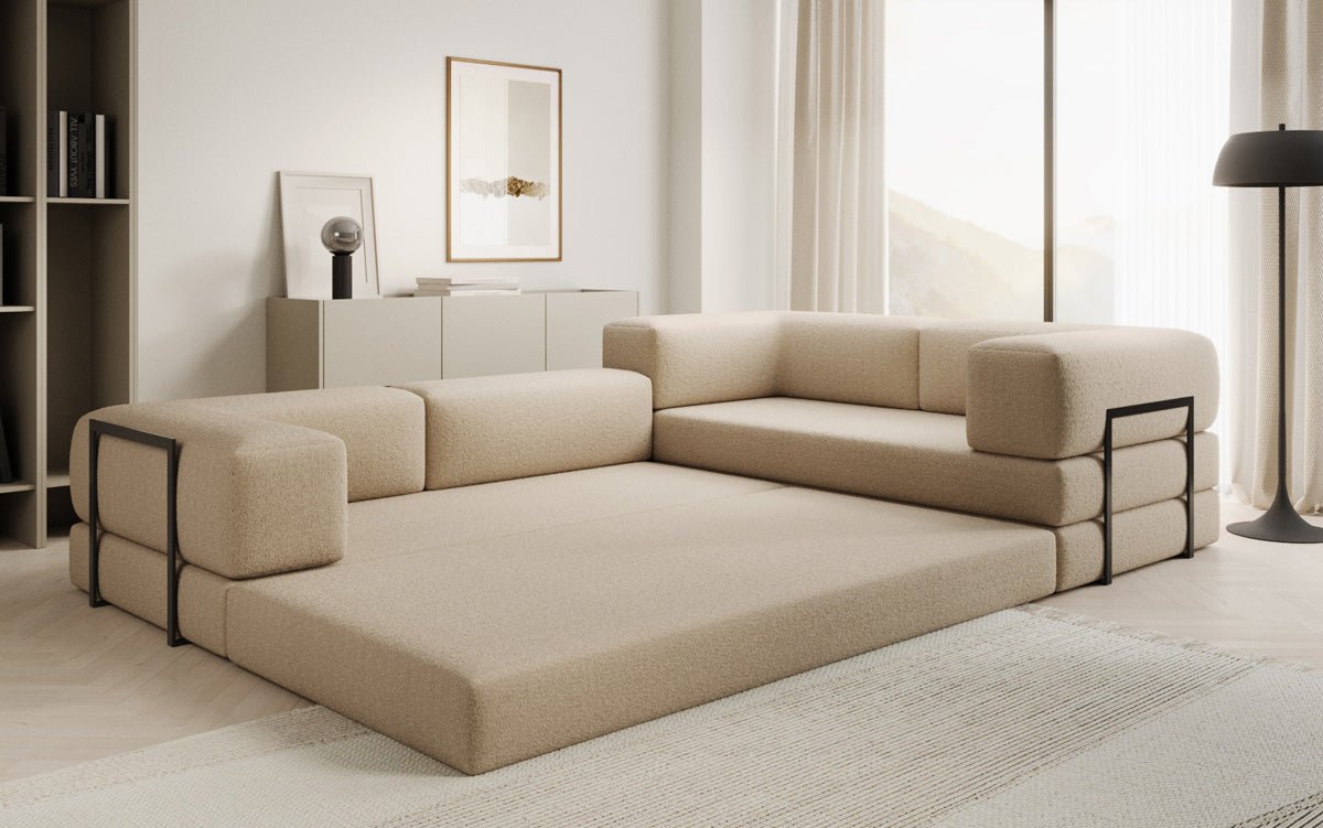Luxuriöses Bouclé L-Sofa Lazy L: Schlaffunktion, Stauraum, Komfort, Modernes Design
