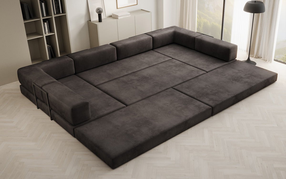 Luxuriöses U-förmiges Designer-Sofa aus Samt mit Schlaffunktion und Stauraum