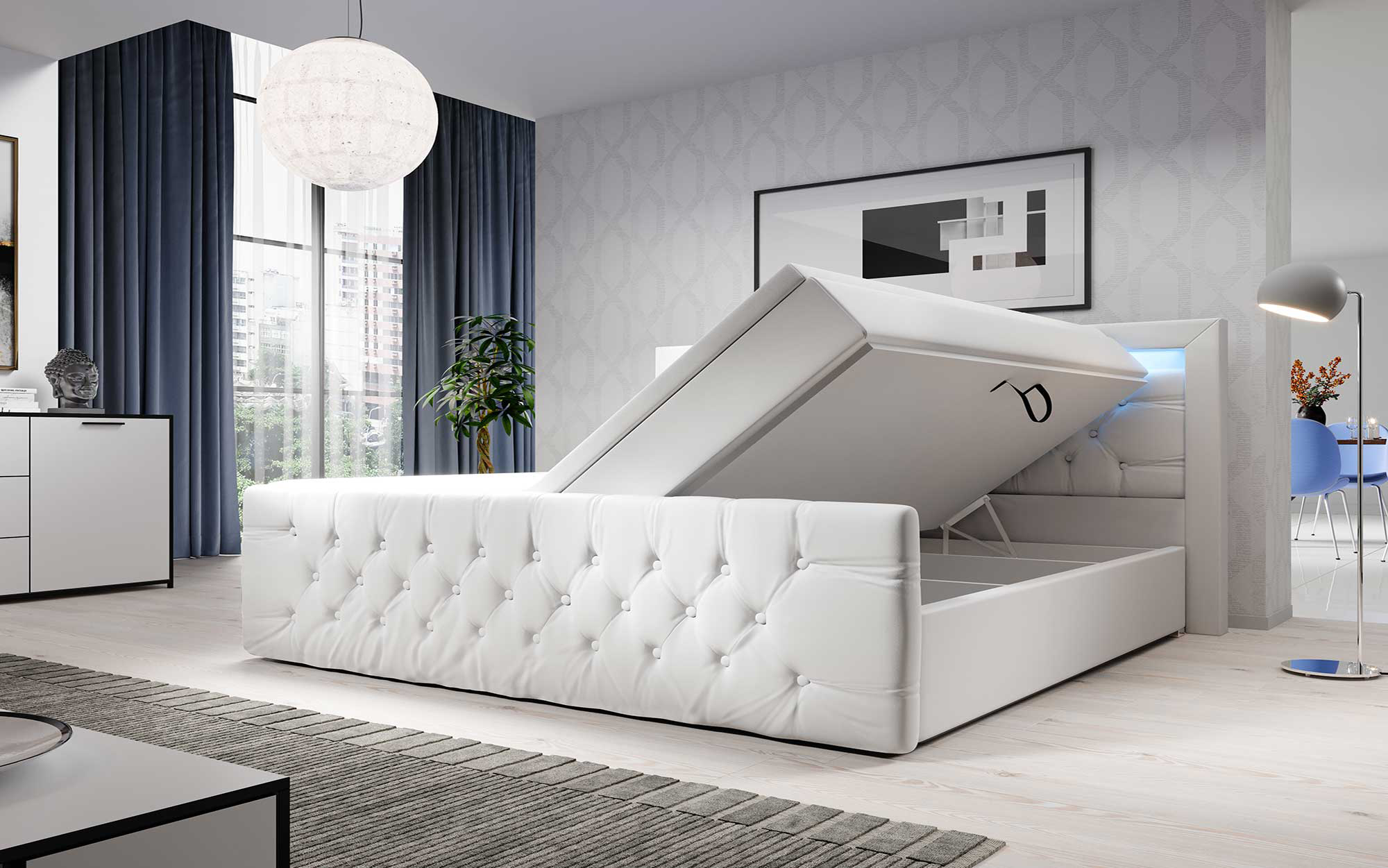 Luxuriöses Gloria Boxspringbett mit LED, Samtbezug und Stauraum