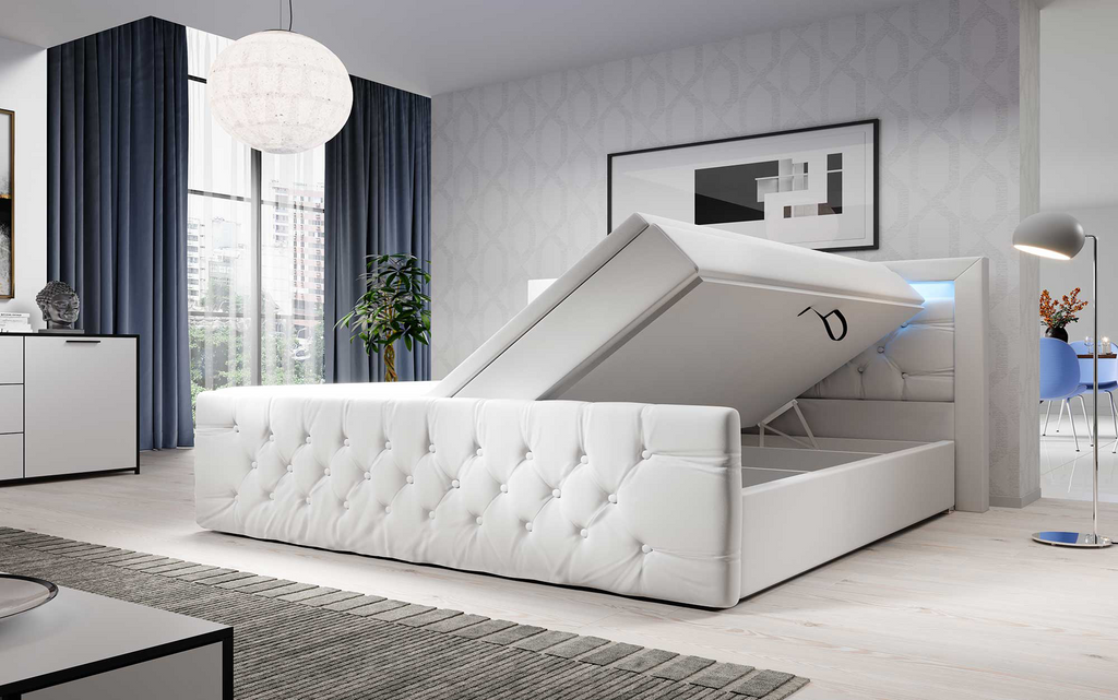 Luxuriöses Gloria Boxspringbett mit LED, Samtbezug und Stauraum
