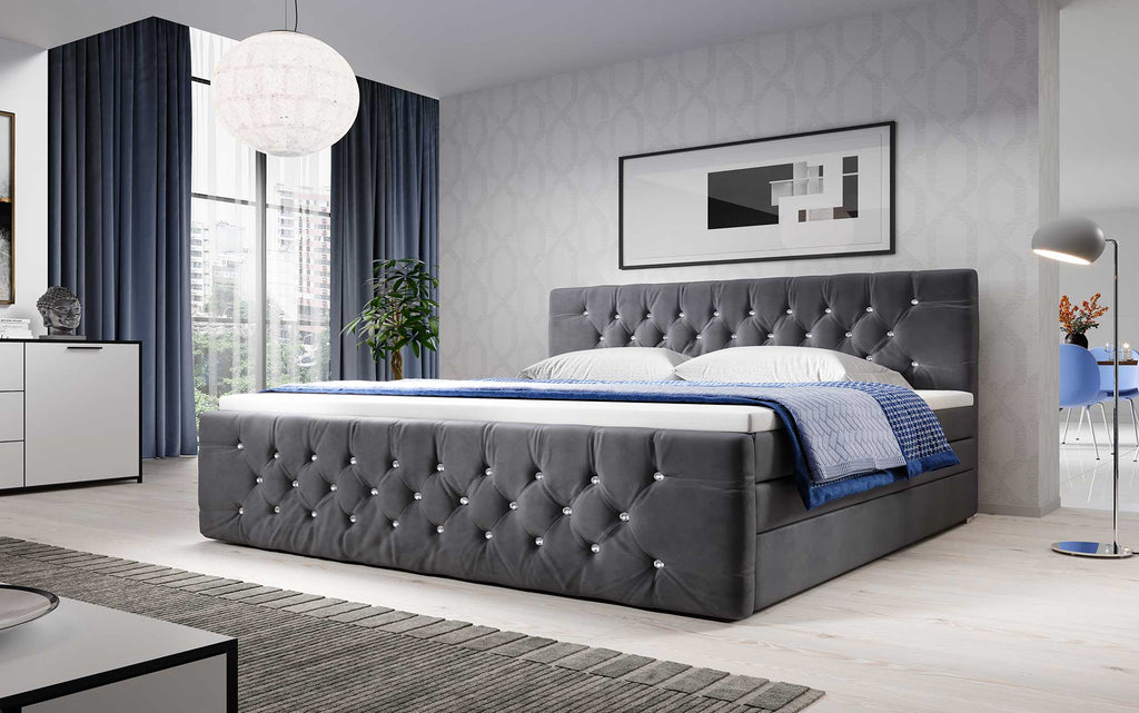 Luxuriöses Nobile Boxspringbett mit Strass, Samtbezug und Stauraum – Königlicher Schlafkomfort