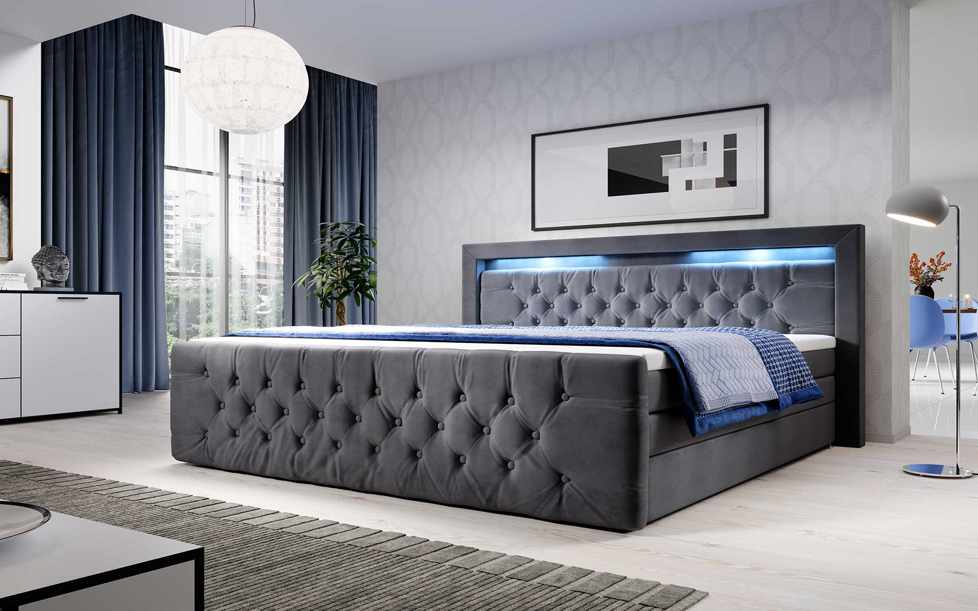Luxuriöses Gloria Boxspringbett mit LED, Samtbezug und Stauraum
