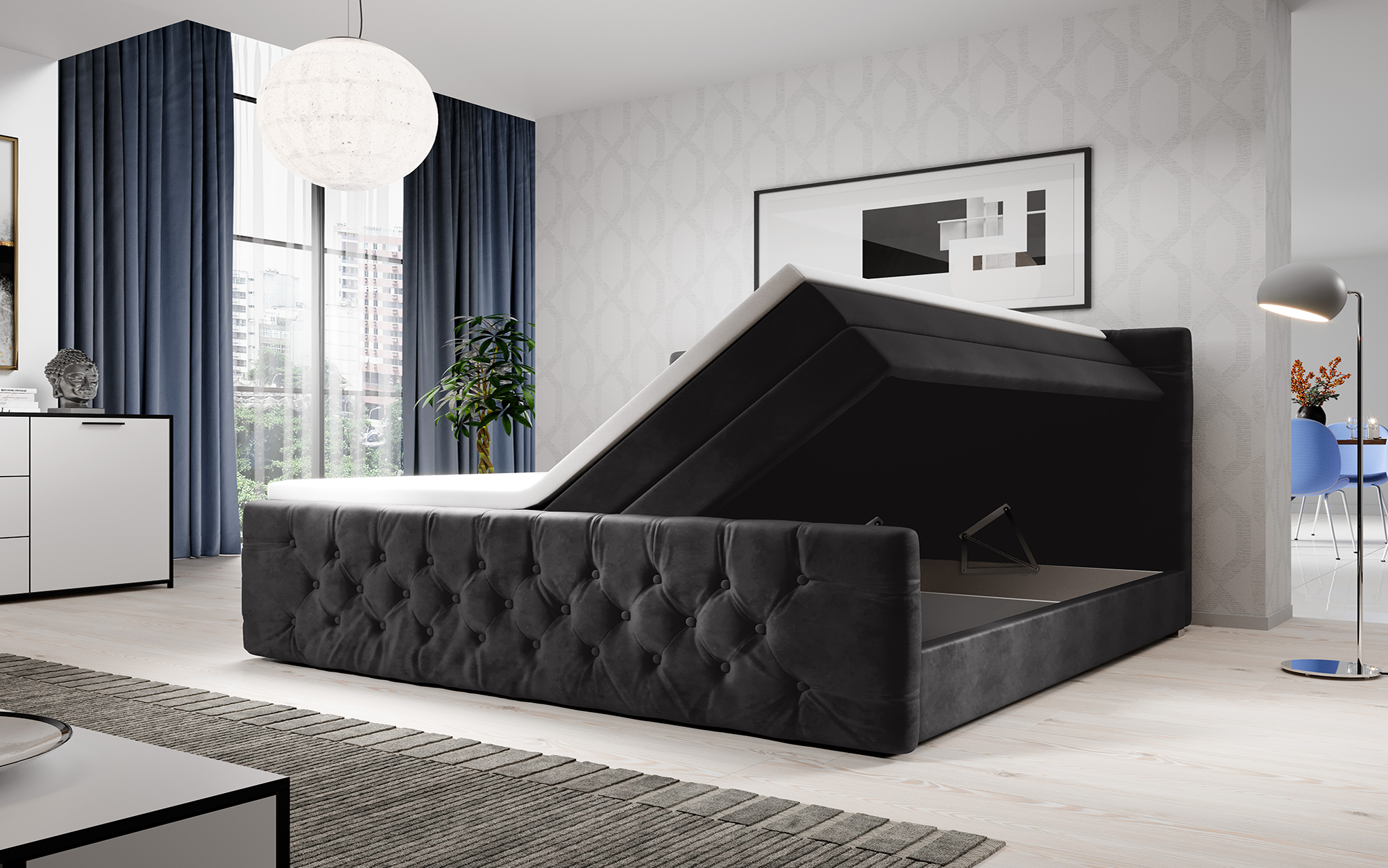 Velutto Boxspringbett Samtbezug Stauraum 6 Farben Chesterfield-Stil Bonnellfederkernmatratze Luxus