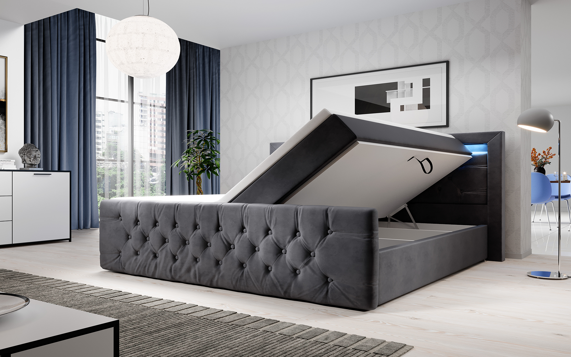 Luxuriöses Gloria Boxspringbett mit LED, Samtbezug und Stauraum
