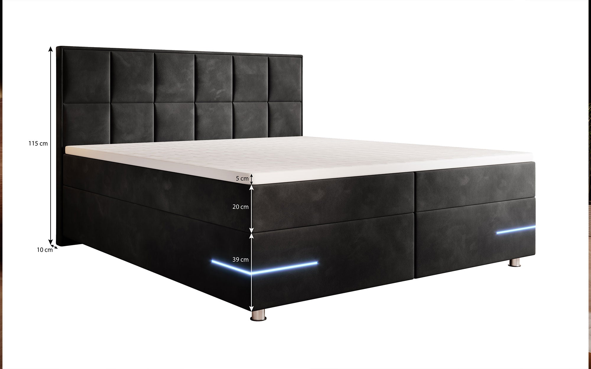 Luxuriöses Samt Boxspringbett Lea mit LED & Chromfüßen – Optimaler Schlafkomfort