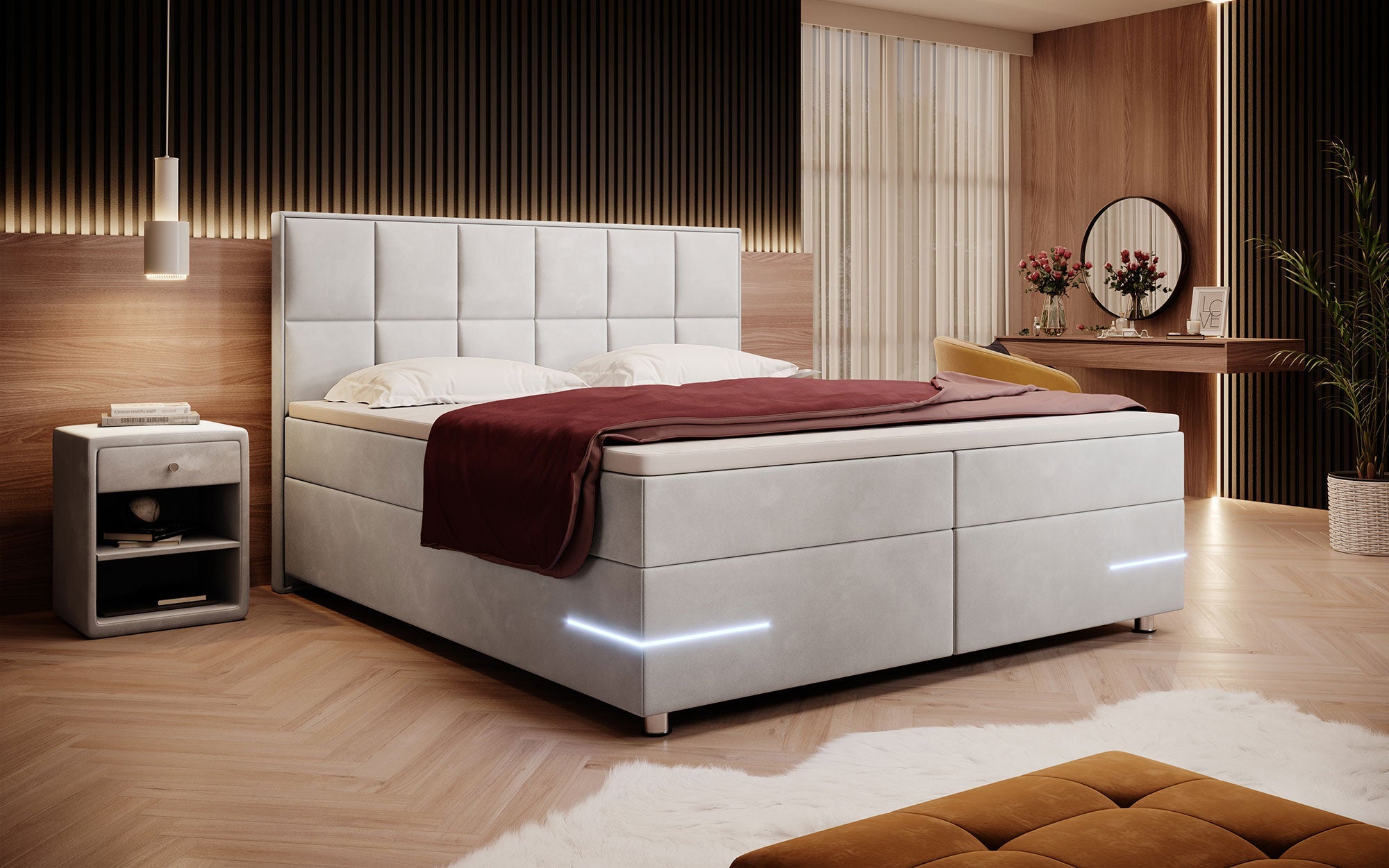 Luxuriöses Samt Boxspringbett Lea mit LED & Chromfüßen – Optimaler Schlafkomfort