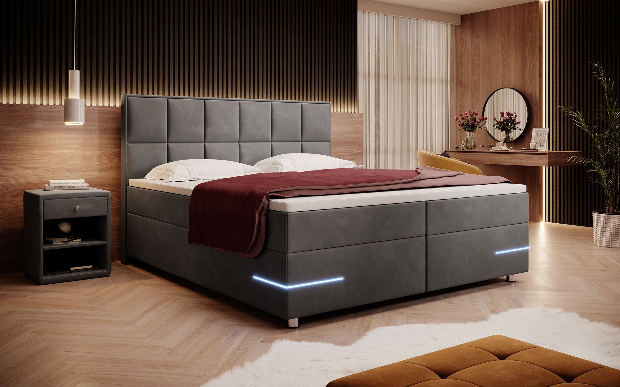 Luxuriöses Samt Boxspringbett Lea mit LED & Chromfüßen – Optimaler Schlafkomfort