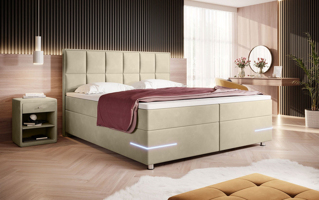 Luxuriöses Samt Boxspringbett Lea mit LED & Chromfüßen – Optimaler Schlafkomfort