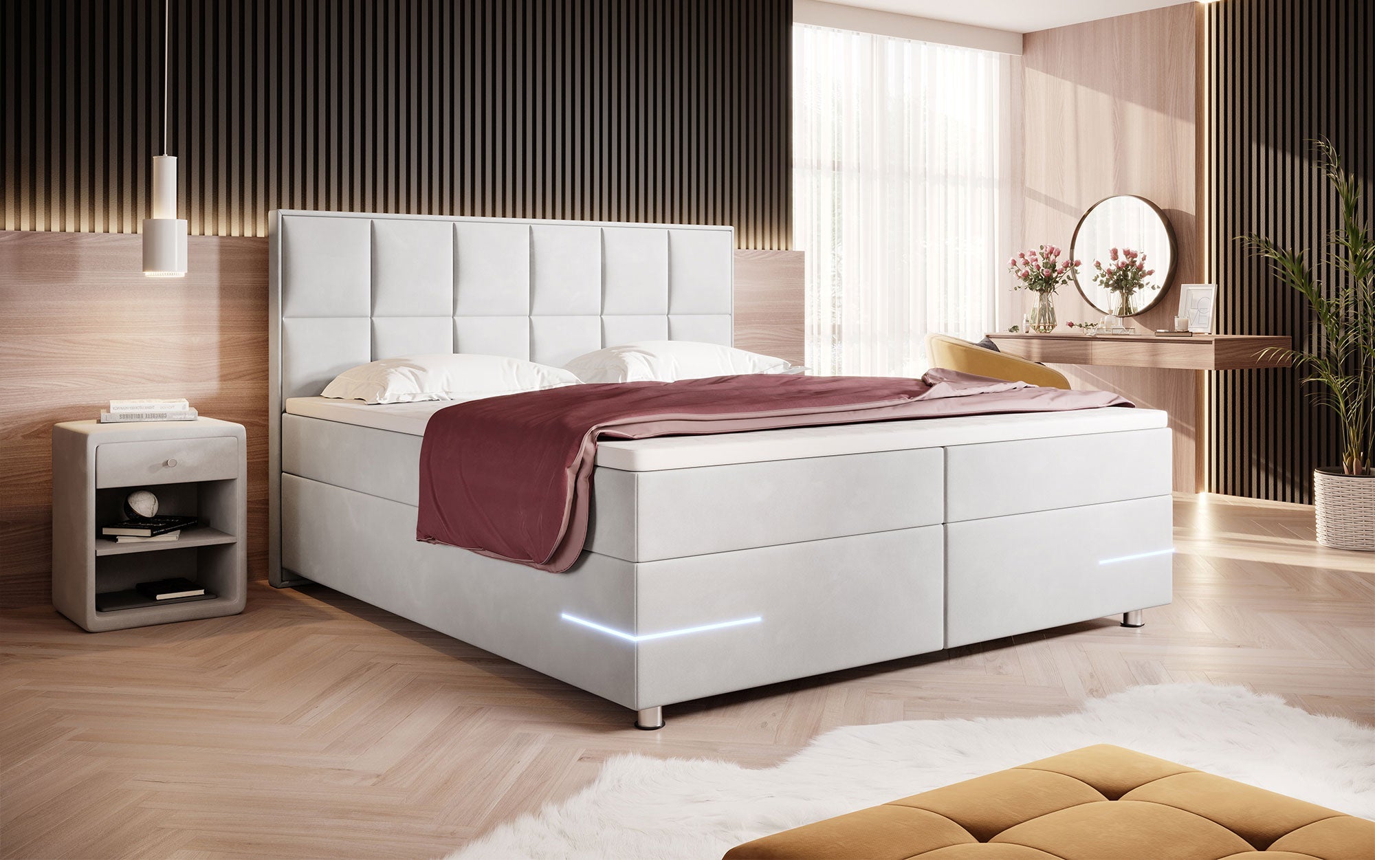 Luxuriöses Samt Boxspringbett Lea mit LED & Chromfüßen – Optimaler Schlafkomfort