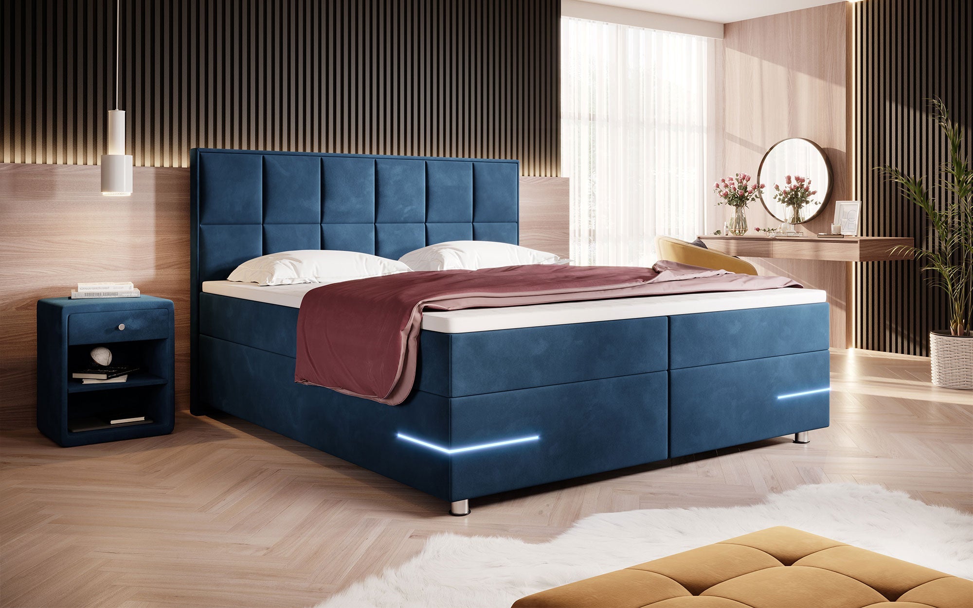 Luxuriöses Samt Boxspringbett Lea mit LED & Chromfüßen – Optimaler Schlafkomfort