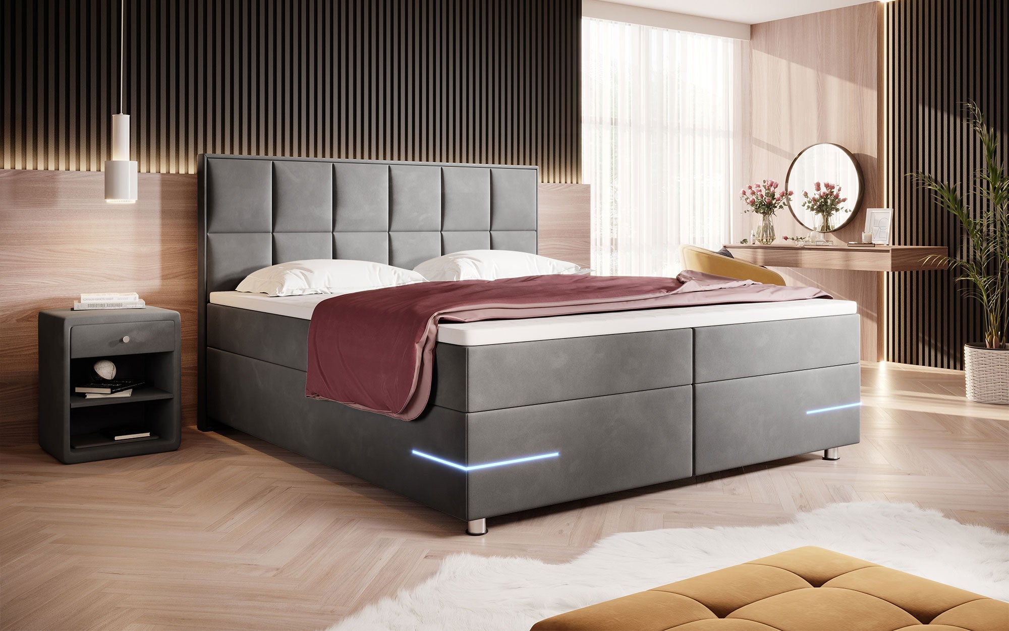 Luxuriöses Samt Boxspringbett Lea mit LED & Chromfüßen – Optimaler Schlafkomfort