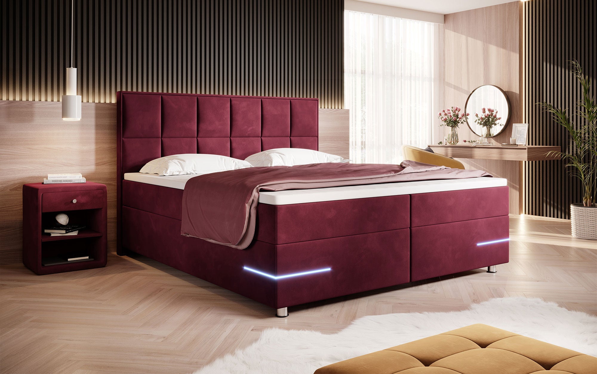 Luxuriöses Samt Boxspringbett Lea mit LED & Chromfüßen – Optimaler Schlafkomfort