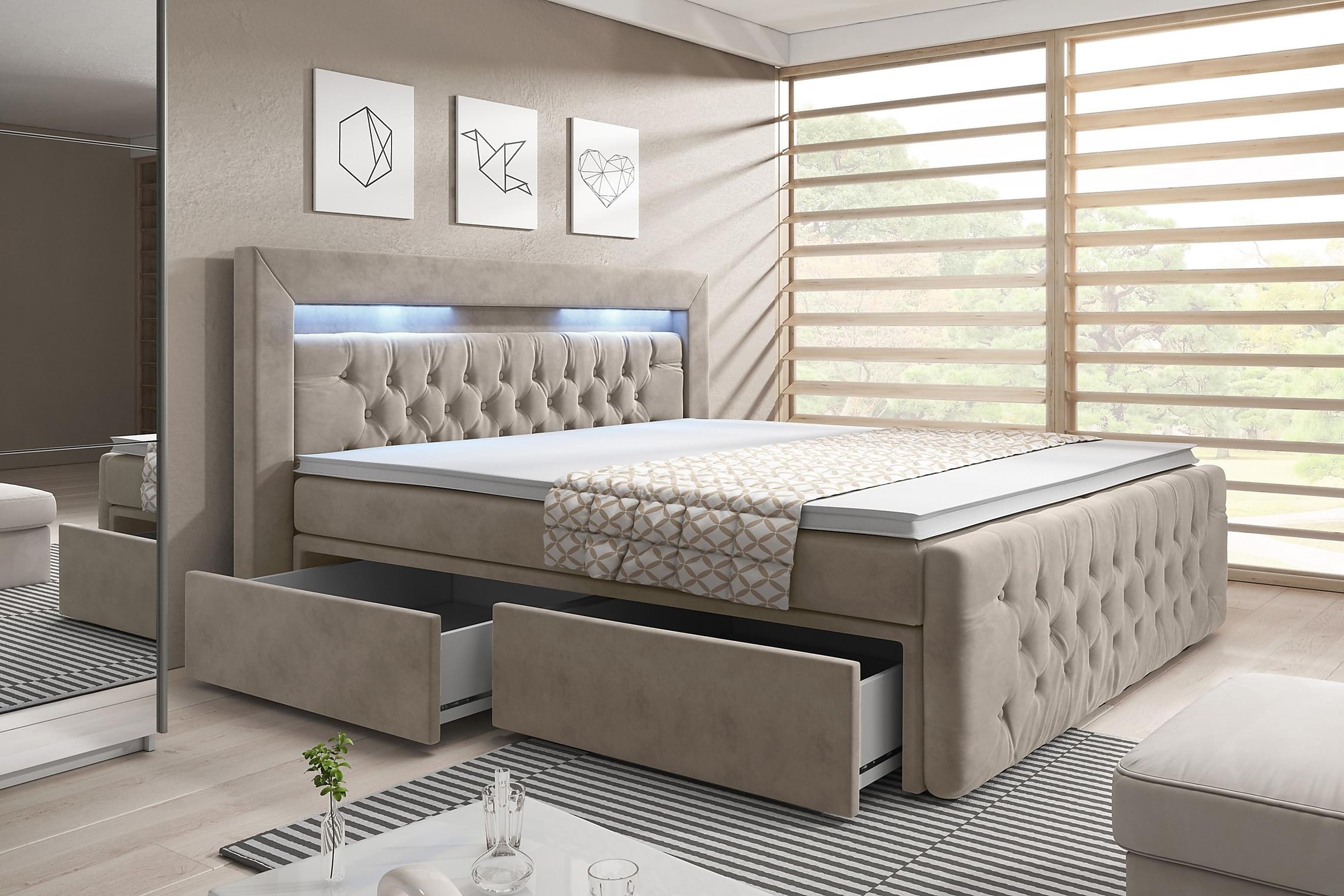 Luxuriöses Sera Boxspringbett mit LED-Beleuchtung, Samtbezug, 4 Schubladen