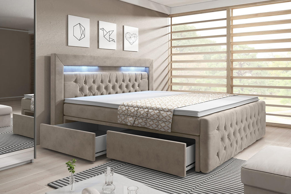 Luxuriöses Sera Boxspringbett mit LED-Beleuchtung, Samtbezug, 4 Schubladen