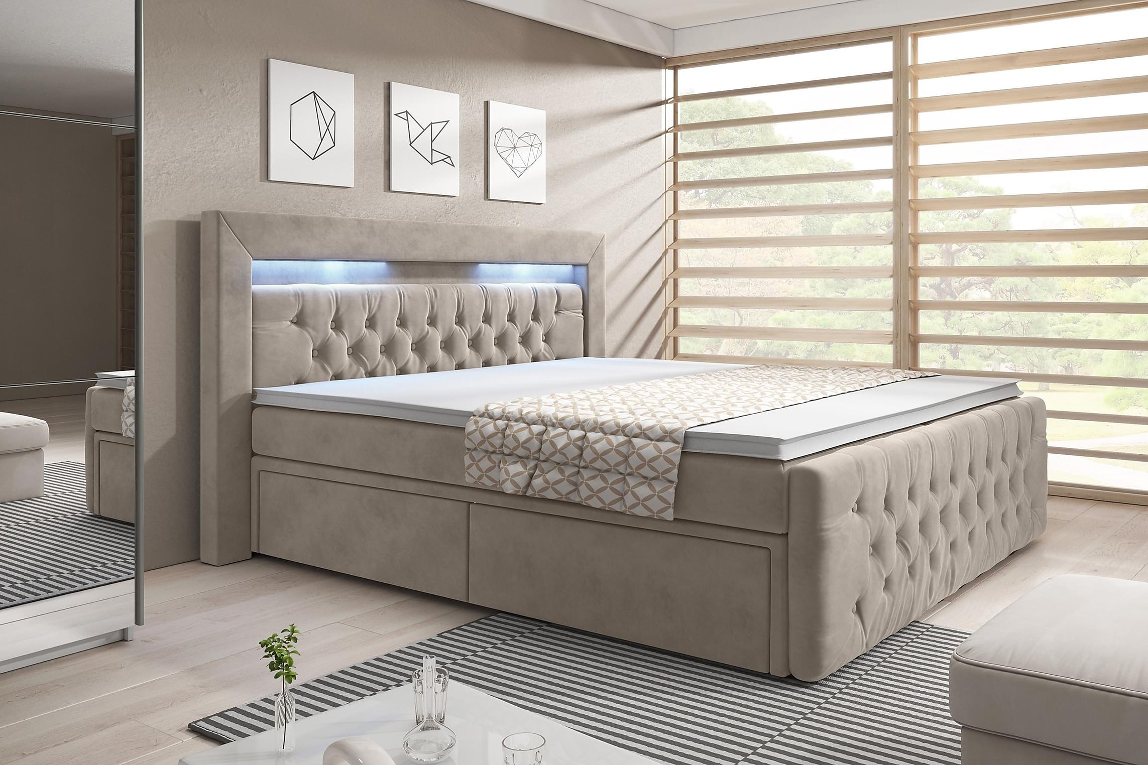 Luxuriöses Sera Boxspringbett mit LED-Beleuchtung, Samtbezug, 4 Schubladen