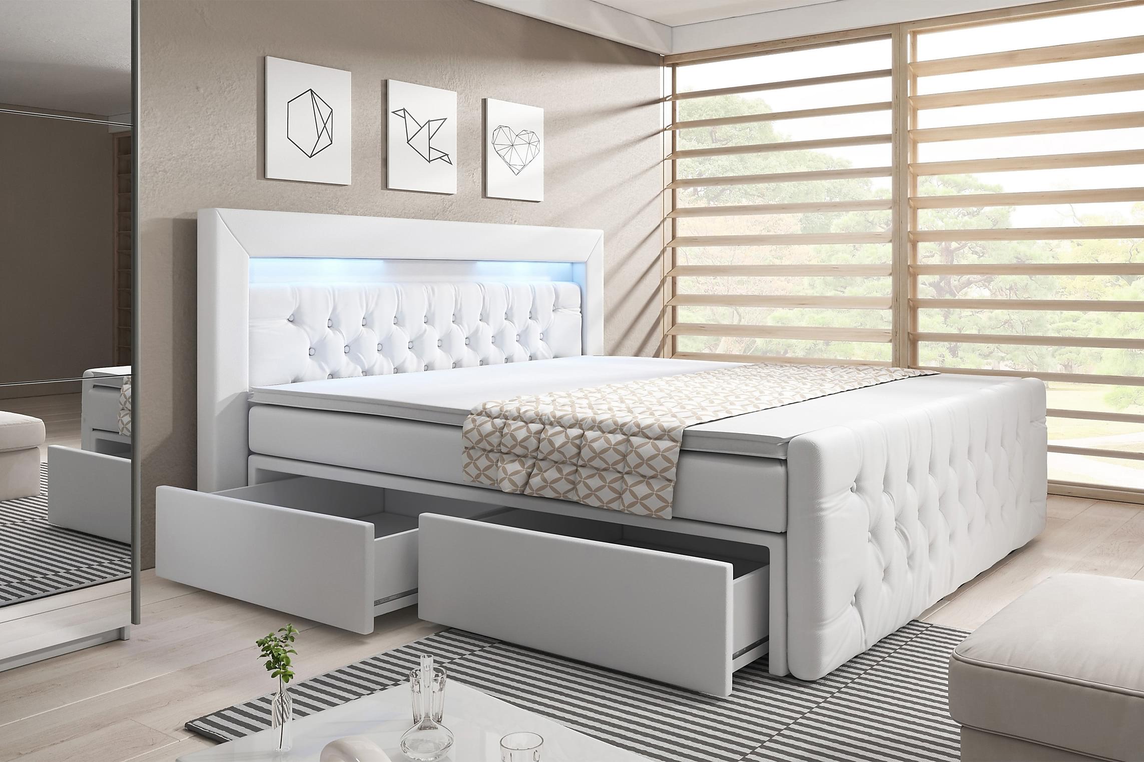 Luxuriöses Sera Boxspringbett mit LED-Beleuchtung, Samtbezug, 4 Schubladen