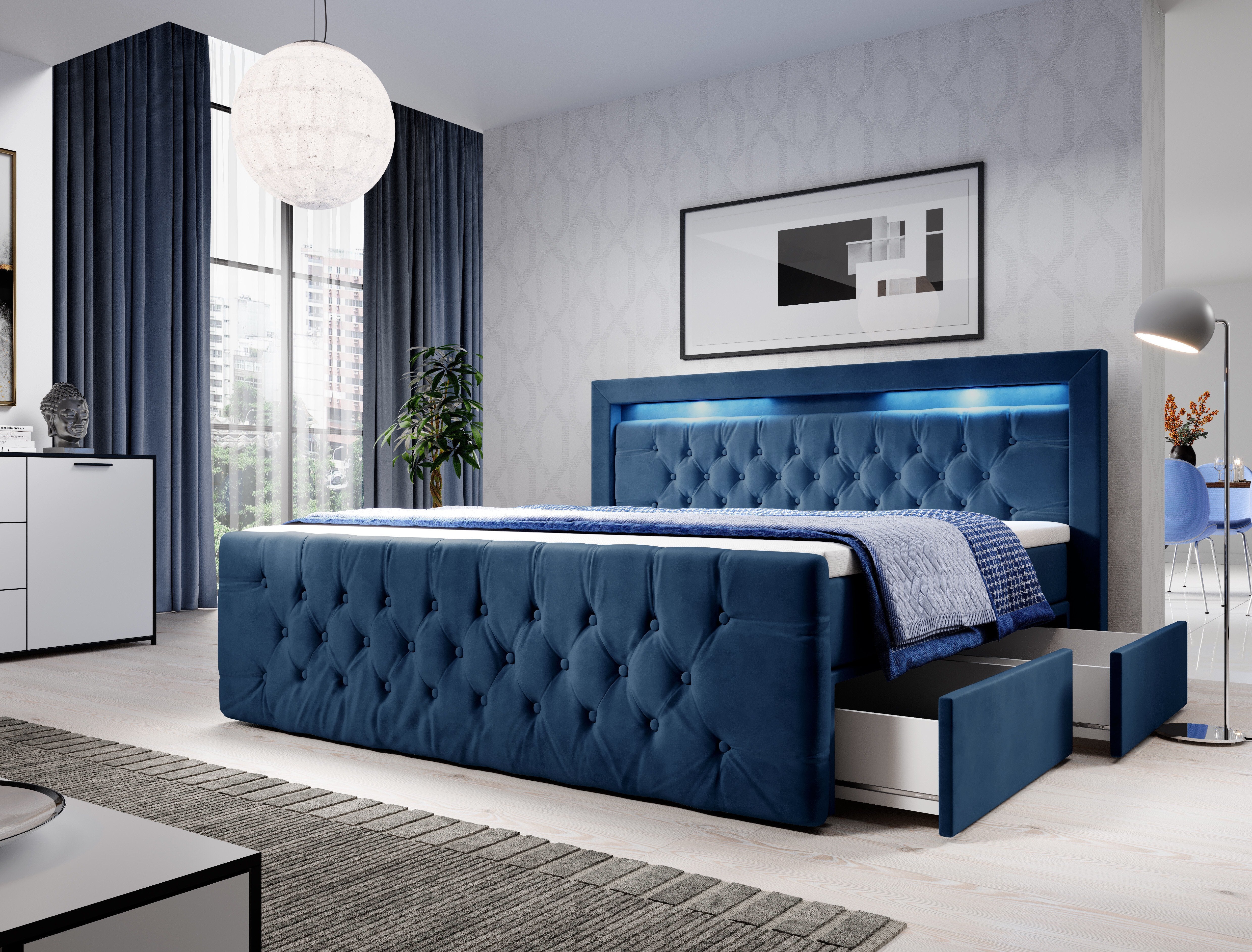 Luxuriöses Sera Boxspringbett mit LED-Beleuchtung, Samtbezug, 4 Schubladen