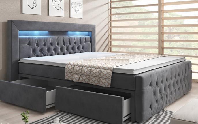 Luxuriöses Sera Boxspringbett mit LED-Beleuchtung, Samtbezug, 4 Schubladen