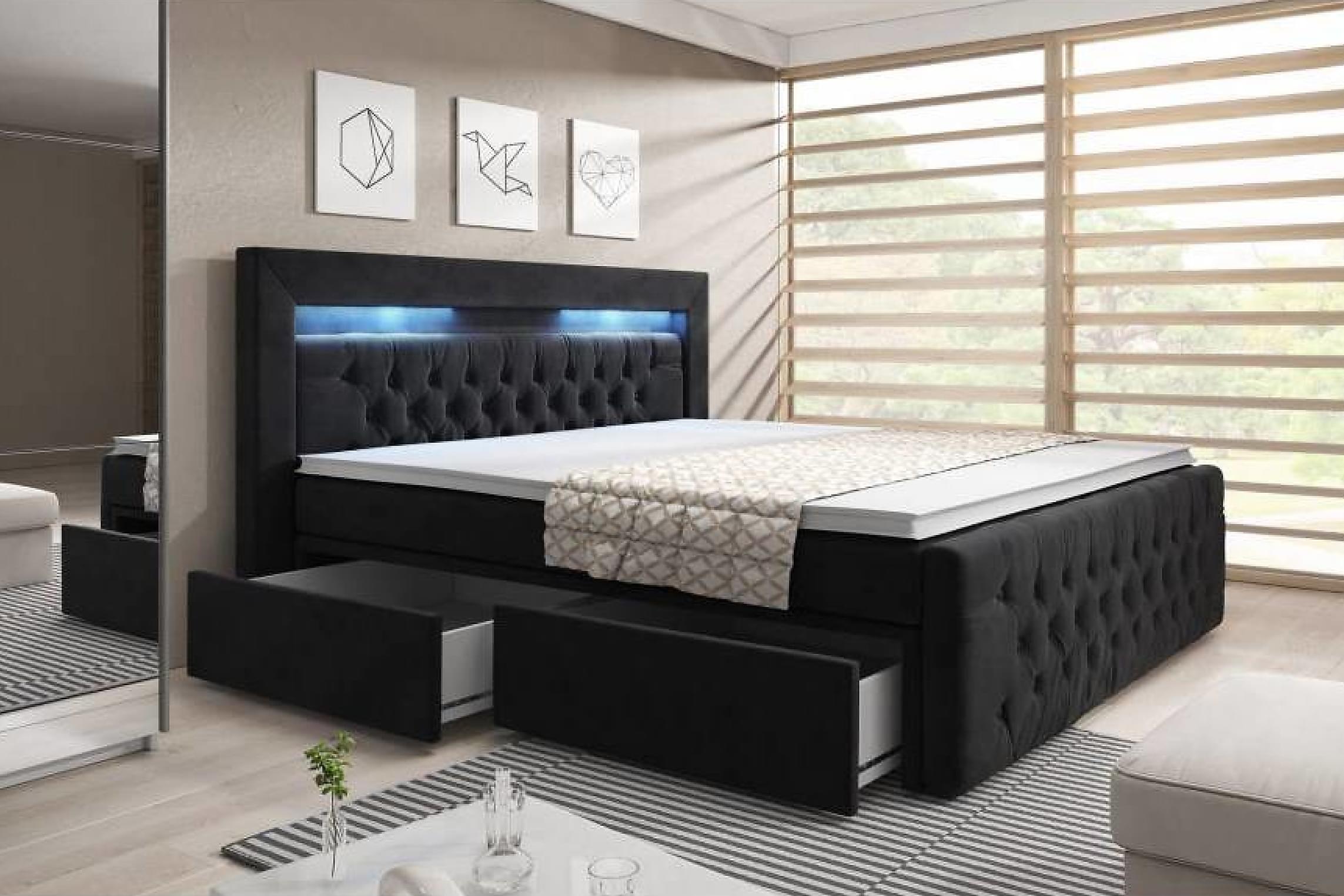 Luxuriöses Sera Boxspringbett mit LED-Beleuchtung, Samtbezug, 4 Schubladen