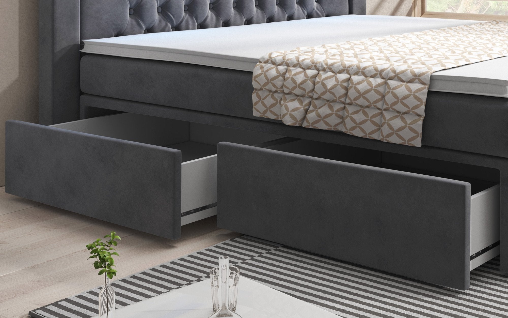 Luxuriöses Sera Boxspringbett mit LED-Beleuchtung, Samtbezug, 4 Schubladen