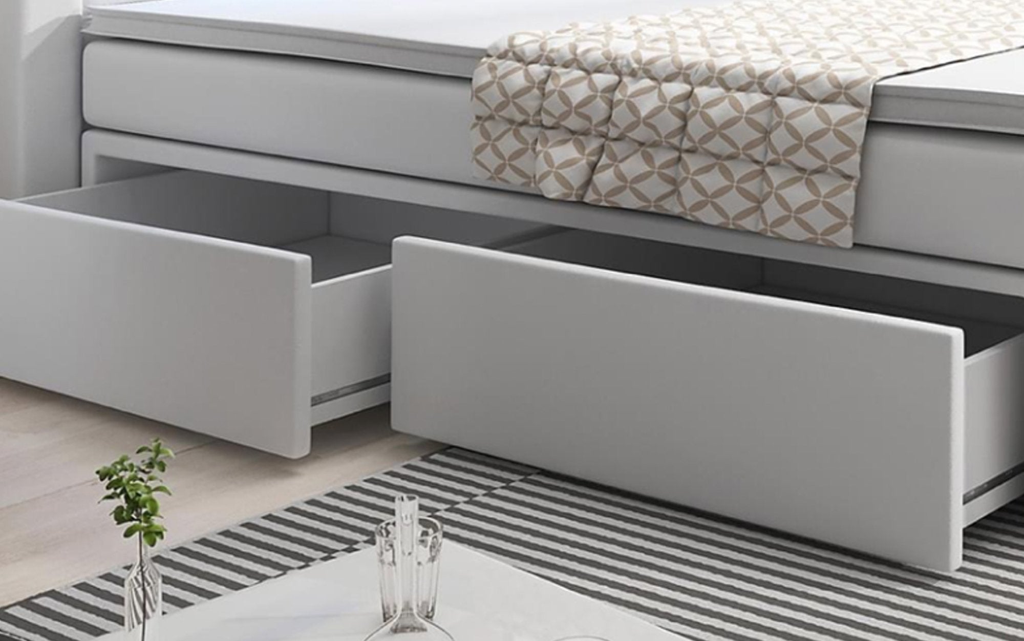 Luxuriöses Boxspringbett Bellissimo Kunstleder mit 4 Schubladen, Federkernmatratze, Topper