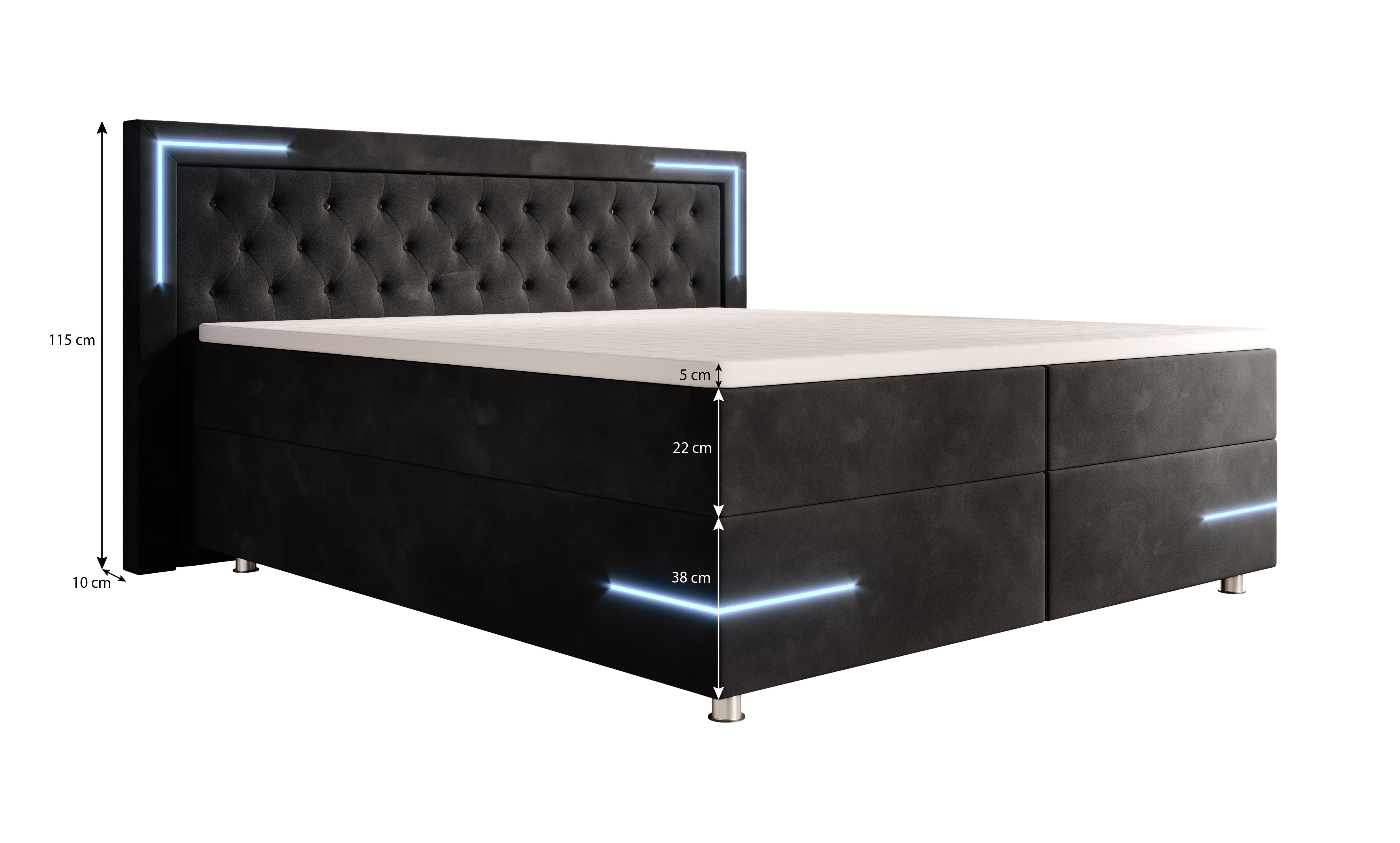 Carlotta Boxspringbett: Luxus Samt LED-Beleuchtung Stauraum Chromfüße Komfortabel Elegant Modern