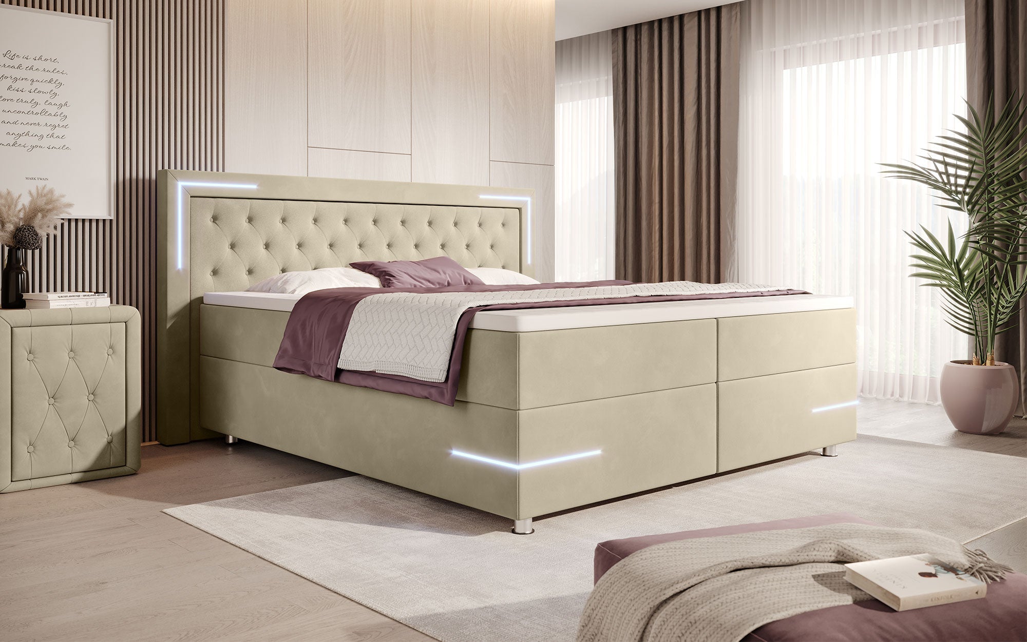 Carlotta Boxspringbett: Luxus Samt LED-Beleuchtung Stauraum Chromfüße Komfortabel Elegant Modern