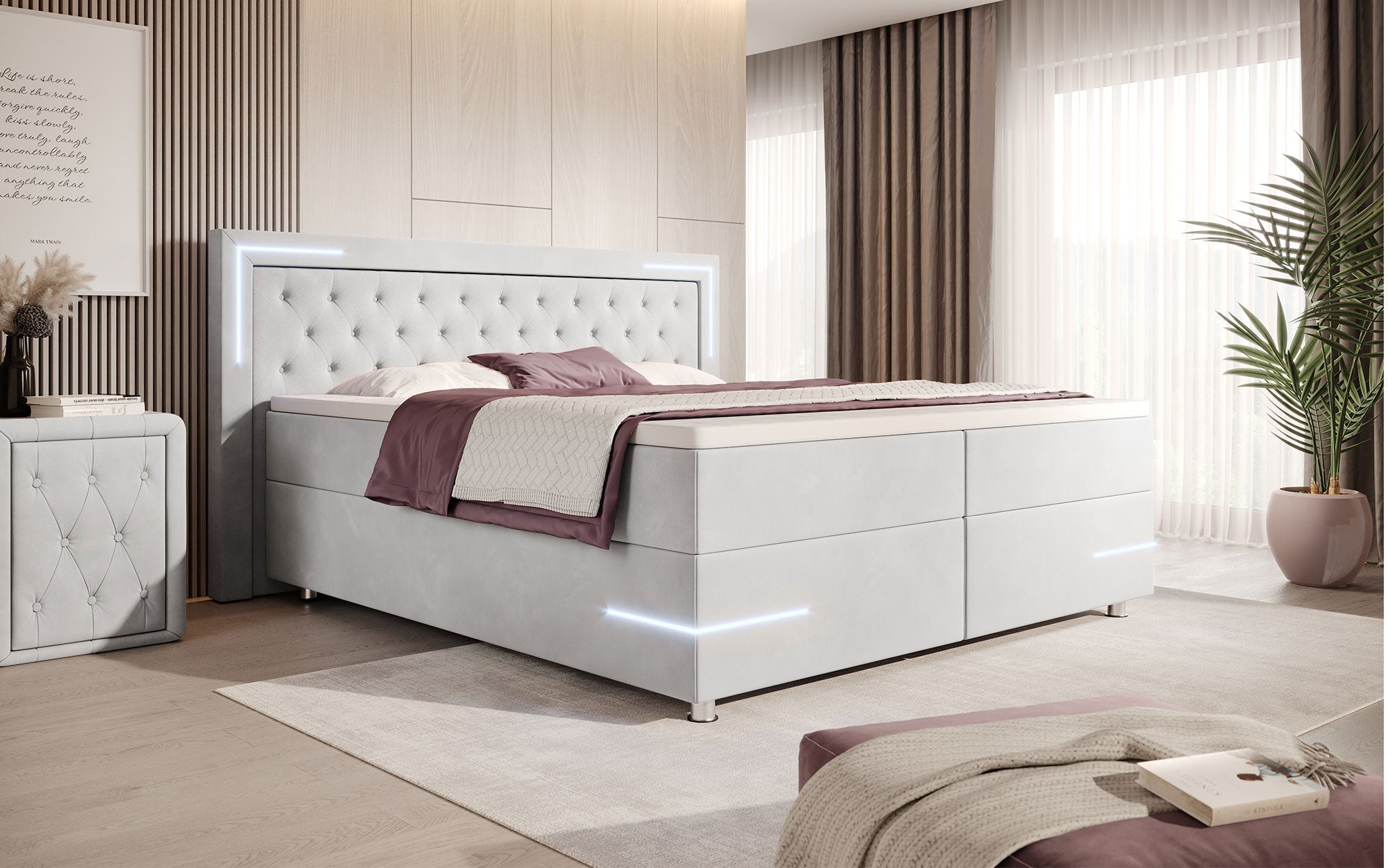 Carlotta Boxspringbett: Luxus Samt LED-Beleuchtung Stauraum Chromfüße Komfortabel Elegant Modern