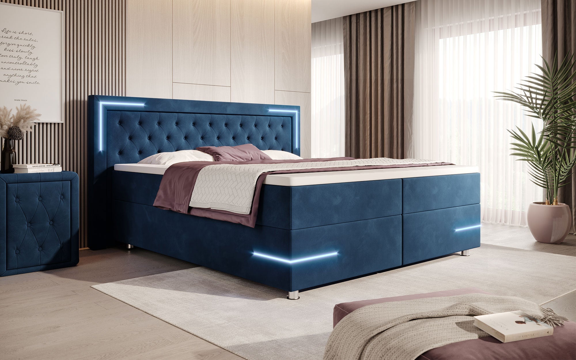 Carlotta Boxspringbett: Luxus Samt LED-Beleuchtung Stauraum Chromfüße Komfortabel Elegant Modern