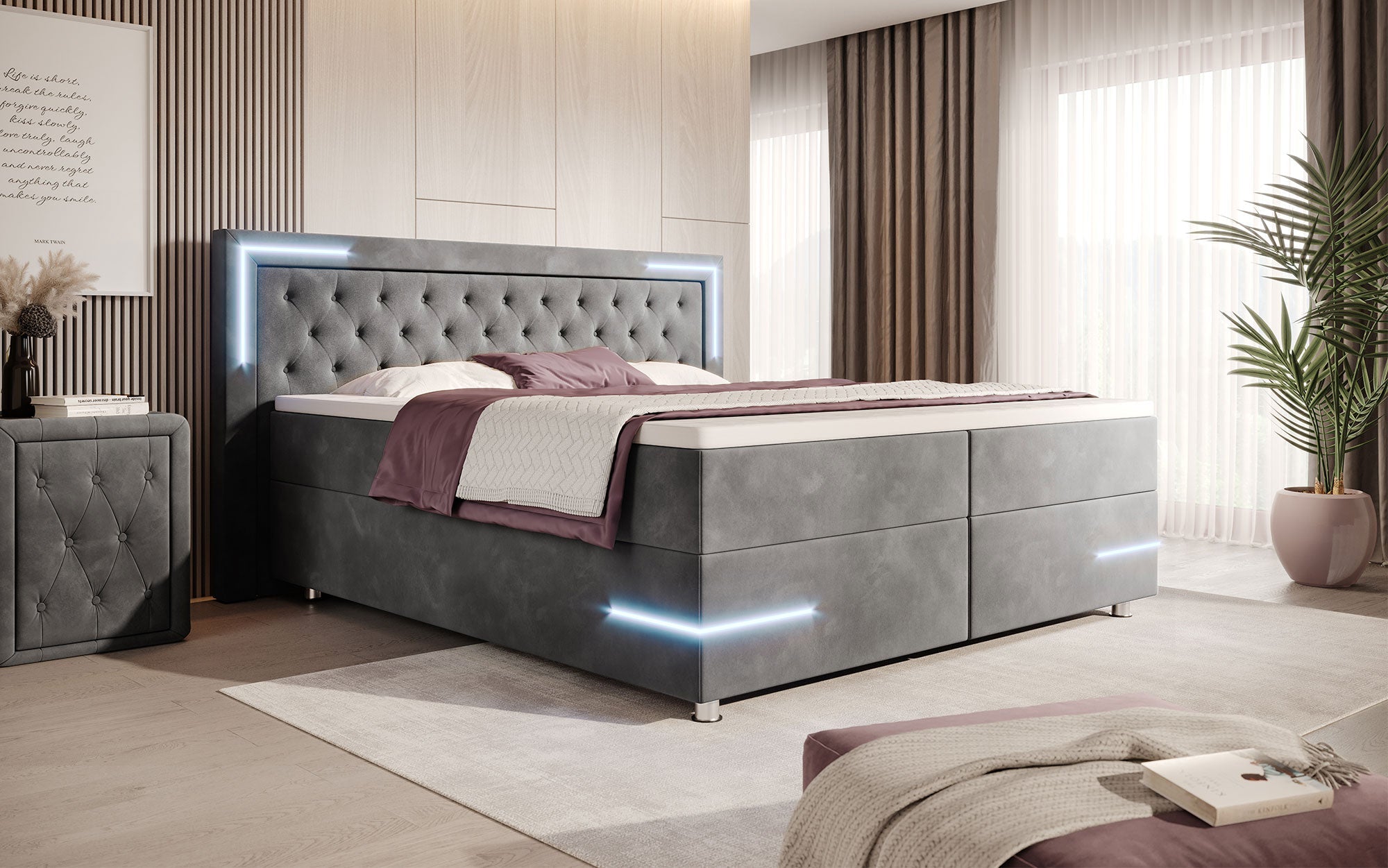 Carlotta Boxspringbett: Luxus Samt LED-Beleuchtung Stauraum Chromfüße Komfortabel Elegant Modern