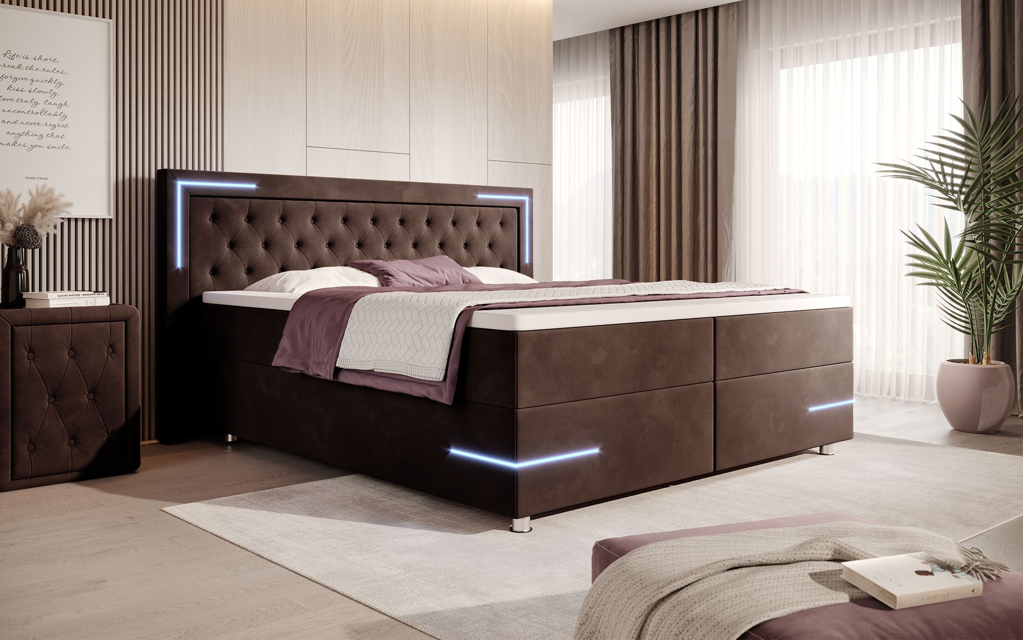Carlotta Boxspringbett: Luxus Samt LED-Beleuchtung Stauraum Chromfüße Komfortabel Elegant Modern