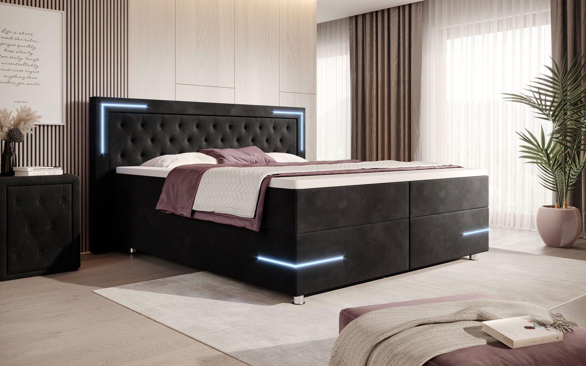 Carlotta Boxspringbett: Luxus Samt LED-Beleuchtung Stauraum Chromfüße Komfortabel Elegant Modern