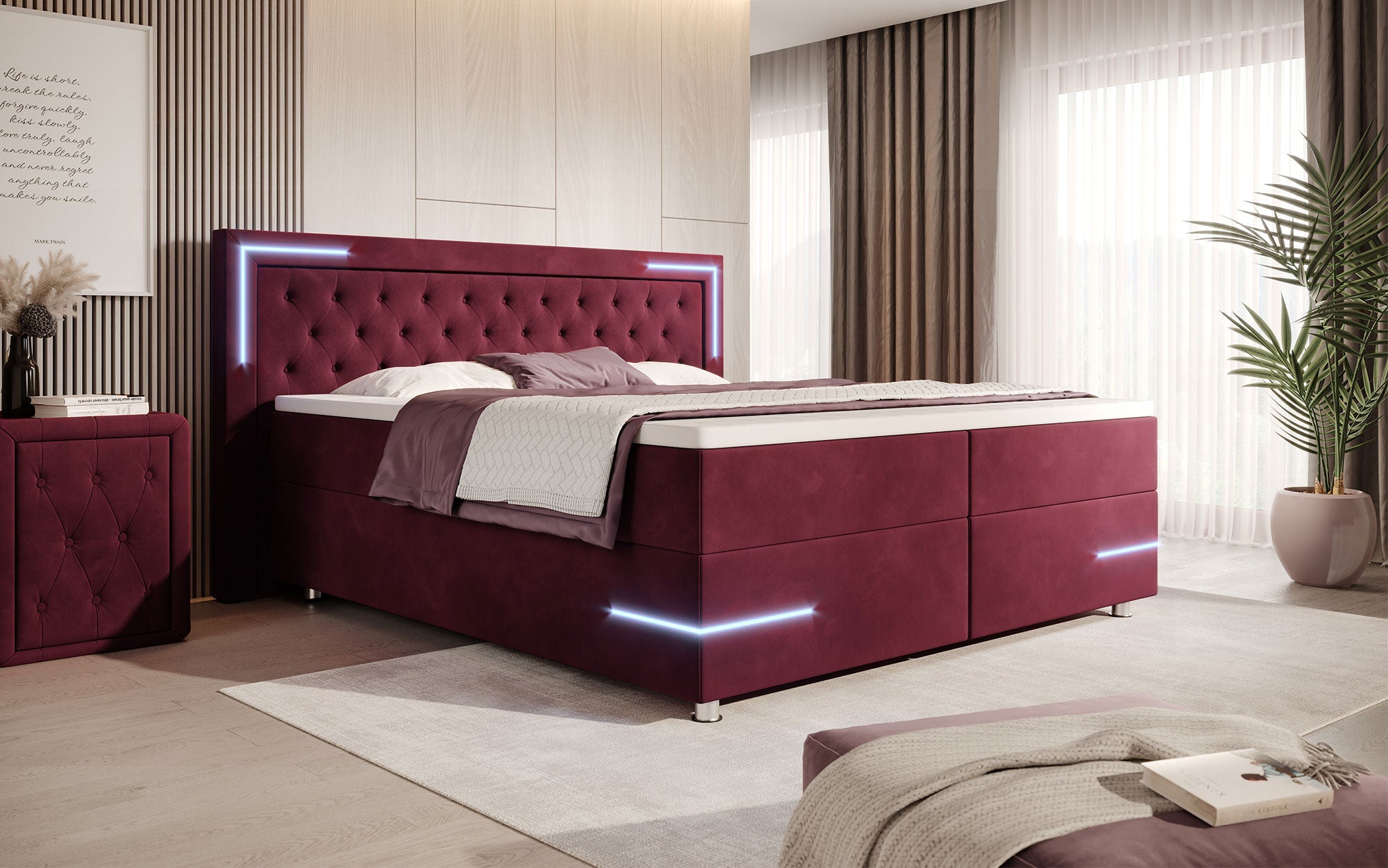 Carlotta Boxspringbett: Luxus Samt LED-Beleuchtung Stauraum Chromfüße Komfortabel Elegant Modern