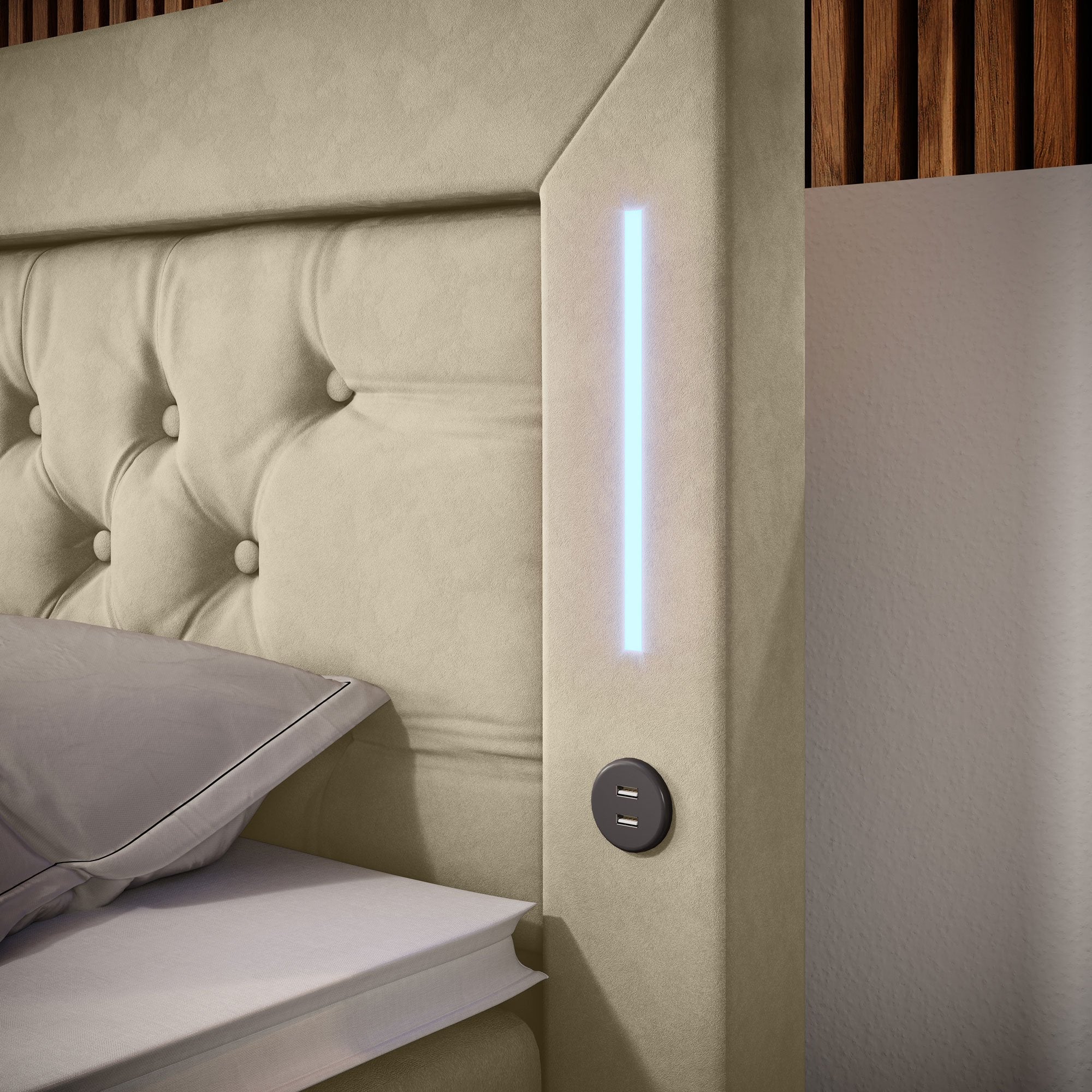 Luxuriöses Boxspringbett Charme mit LEDs, USB-Ports und eleganten Schubladen