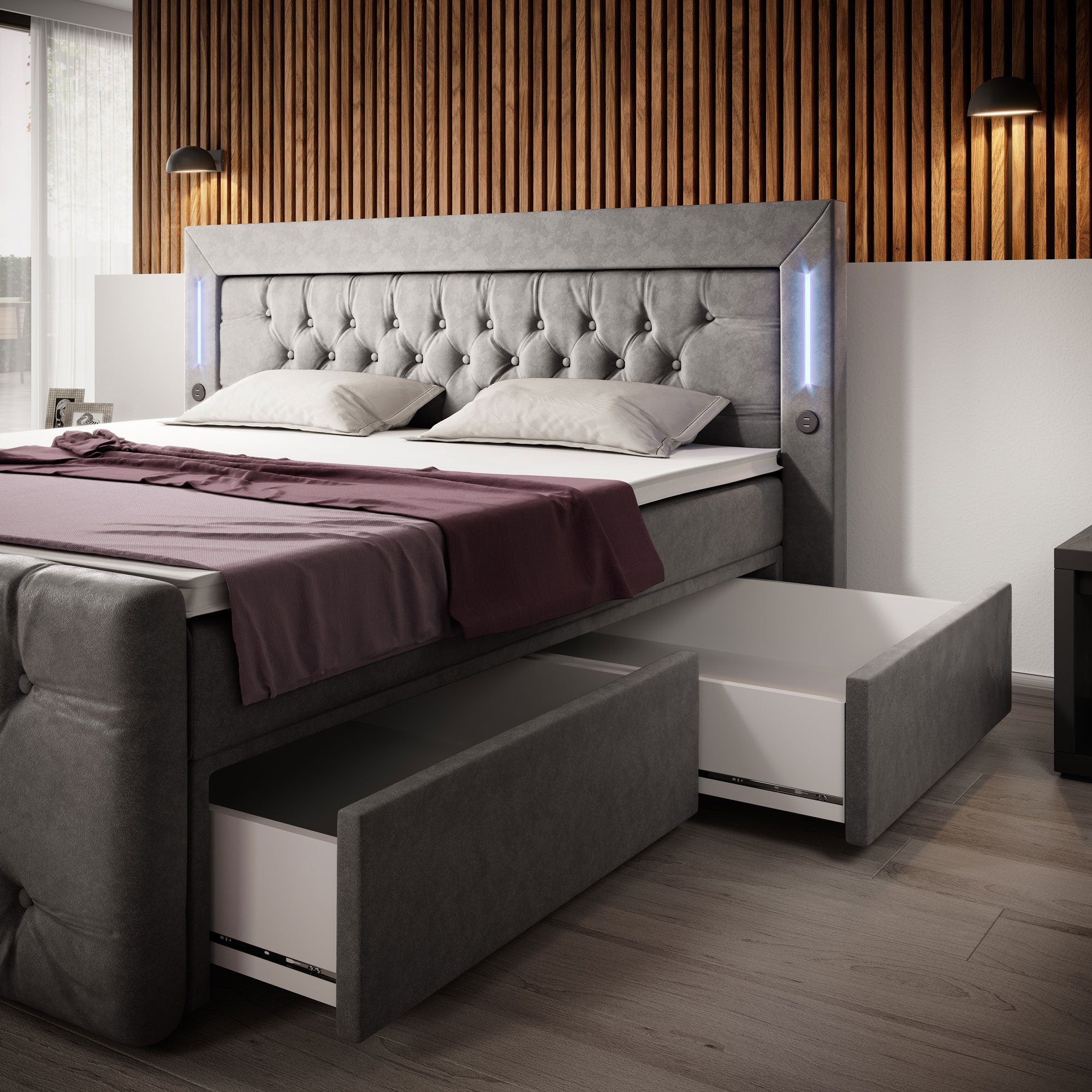 Luxuriöses Boxspringbett Charme mit LEDs, USB-Ports und eleganten Schubladen