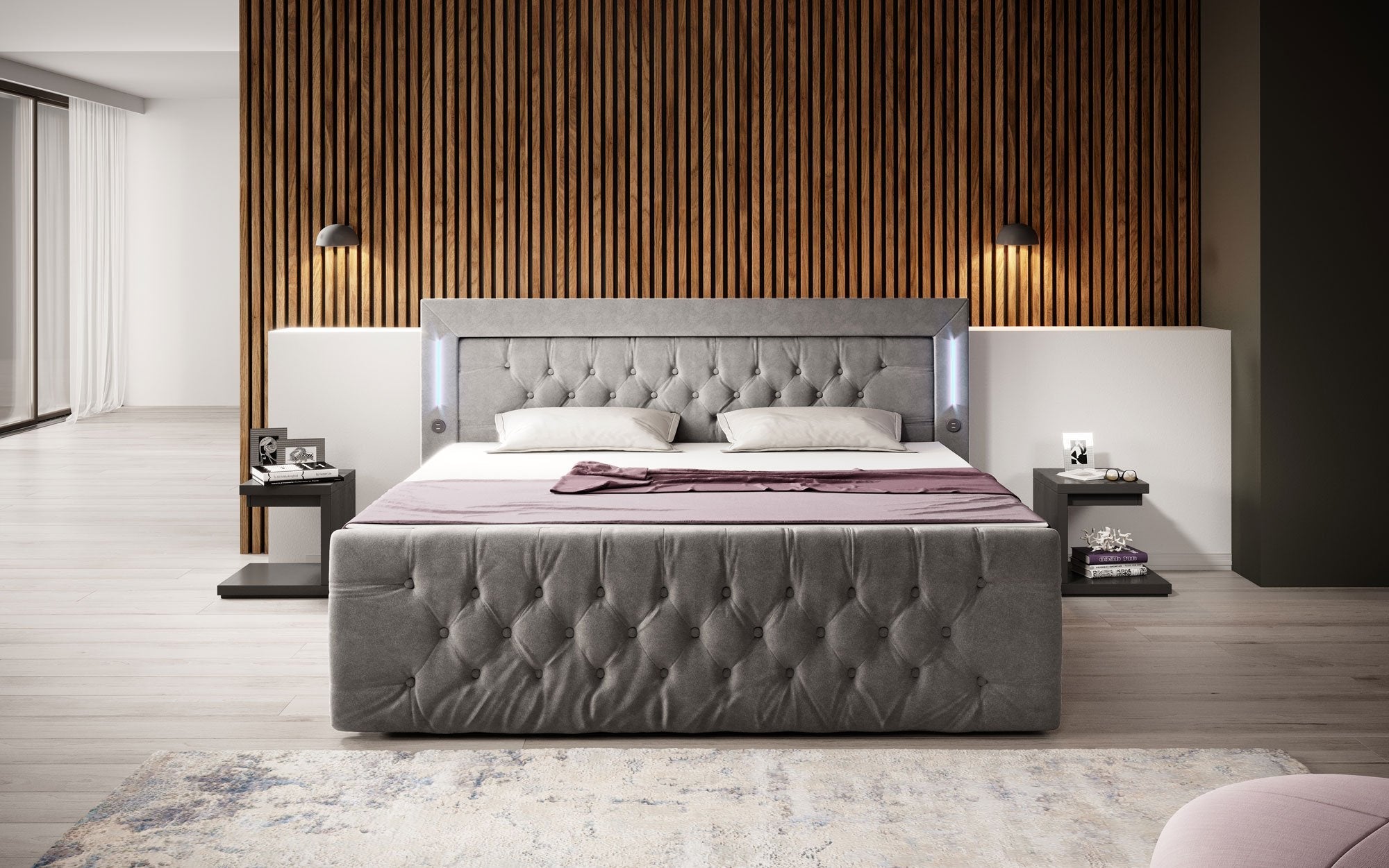 Luxuriöses Boxspringbett Charme mit LEDs, USB-Ports und eleganten Schubladen