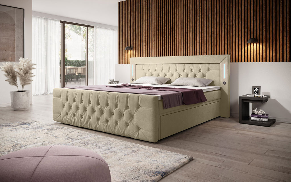 Luxuriöses Boxspringbett Charme mit LEDs, USB-Ports und eleganten Schubladen