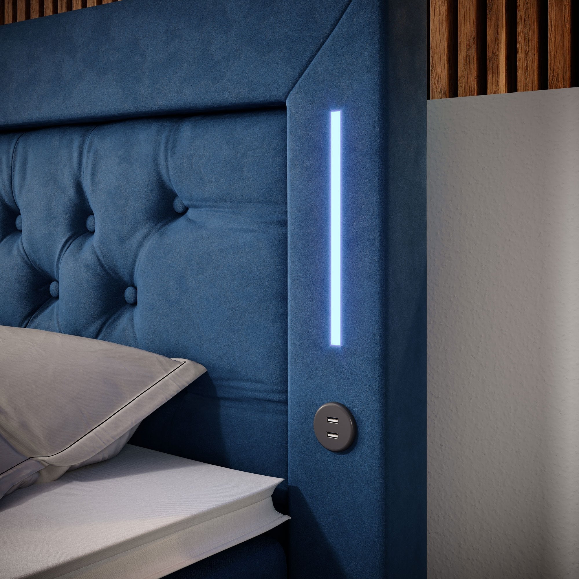 Diva Boxspringbett mit Samtbezug, LED-Beleuchtung, USB & Stauraum-Schubladen