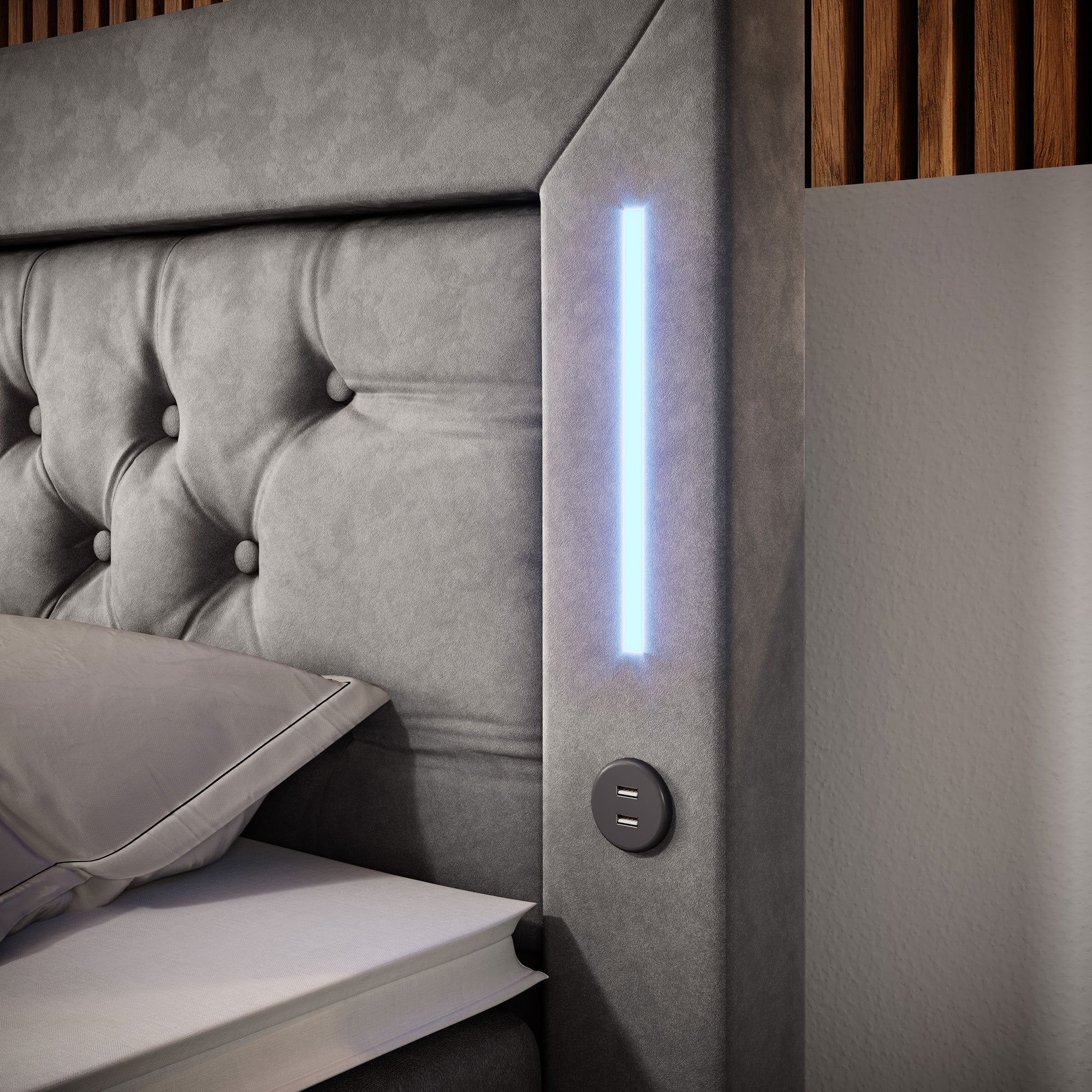Diva Boxspringbett mit Samtbezug, LED-Beleuchtung, USB & Stauraum-Schubladen