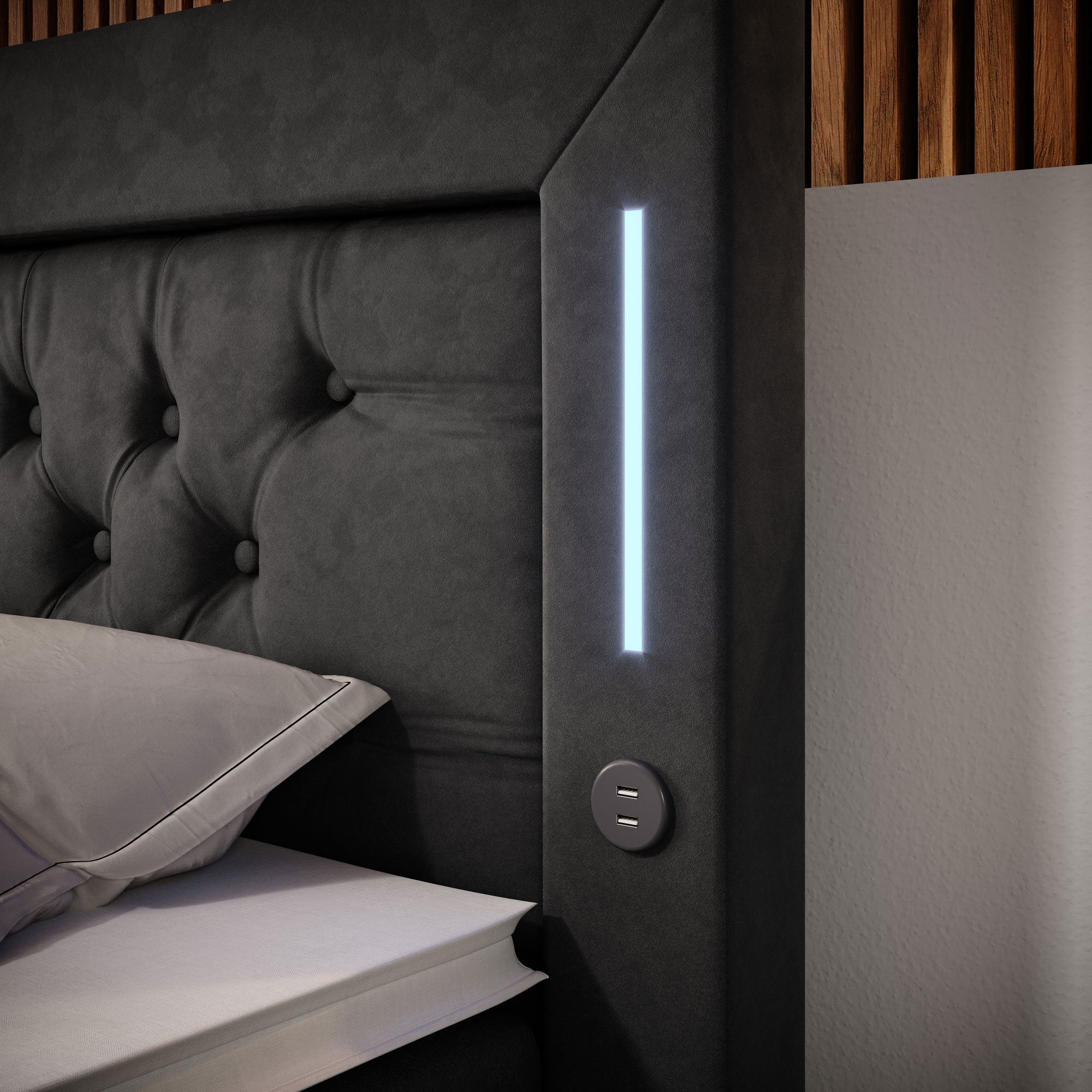 Diva Boxspringbett mit Samtbezug, LED-Beleuchtung, USB & Stauraum-Schubladen