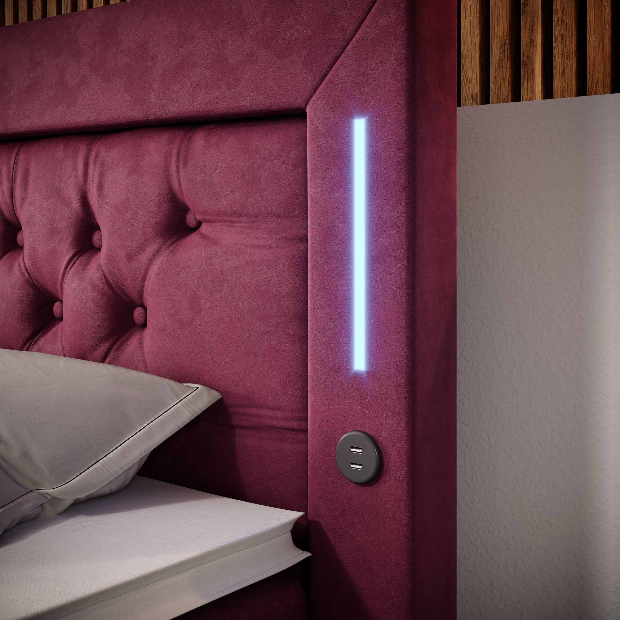 Diva Boxspringbett mit Samtbezug, LED-Beleuchtung, USB & Stauraum-Schubladen
