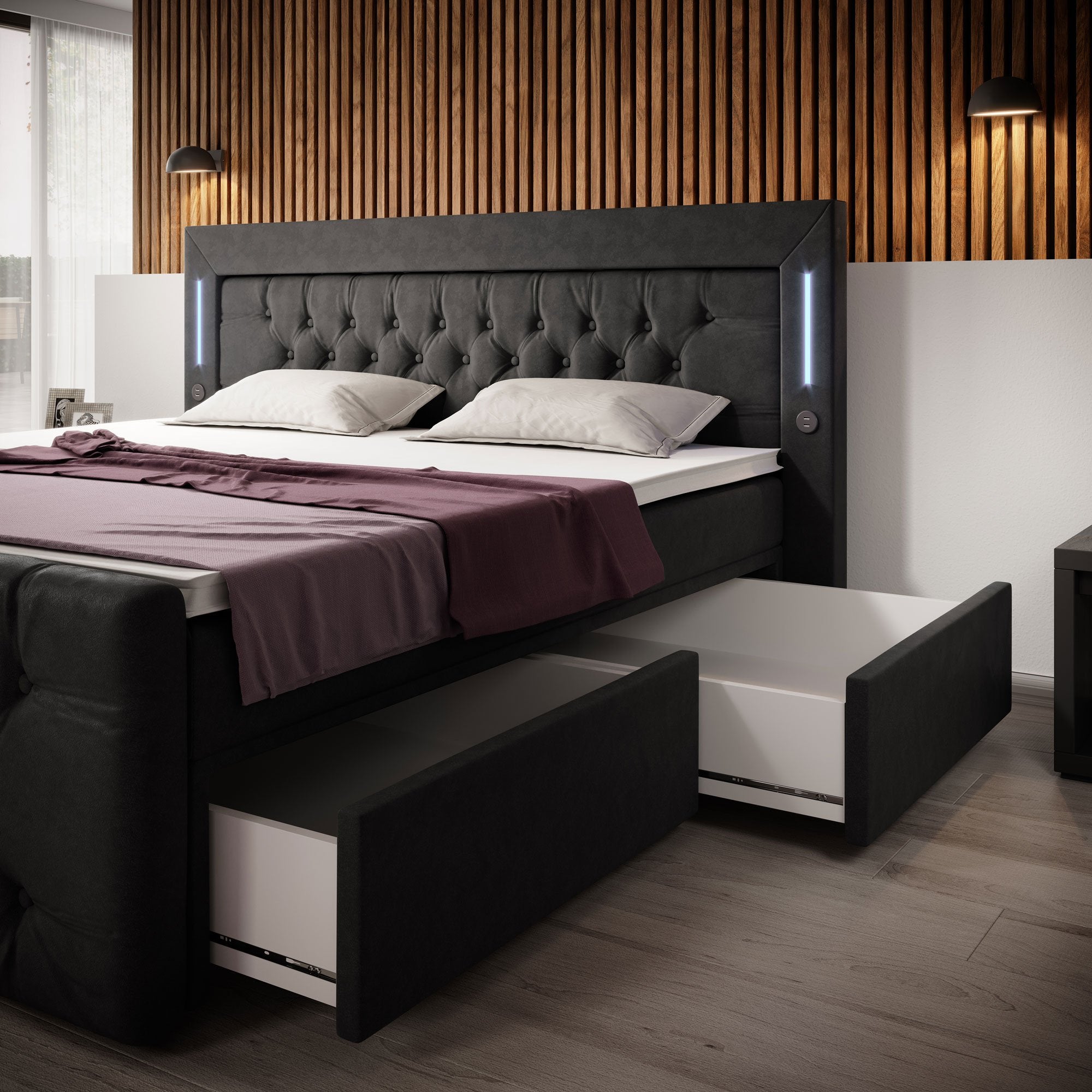 Diva Boxspringbett mit Samtbezug, LED-Beleuchtung, USB & Stauraum-Schubladen