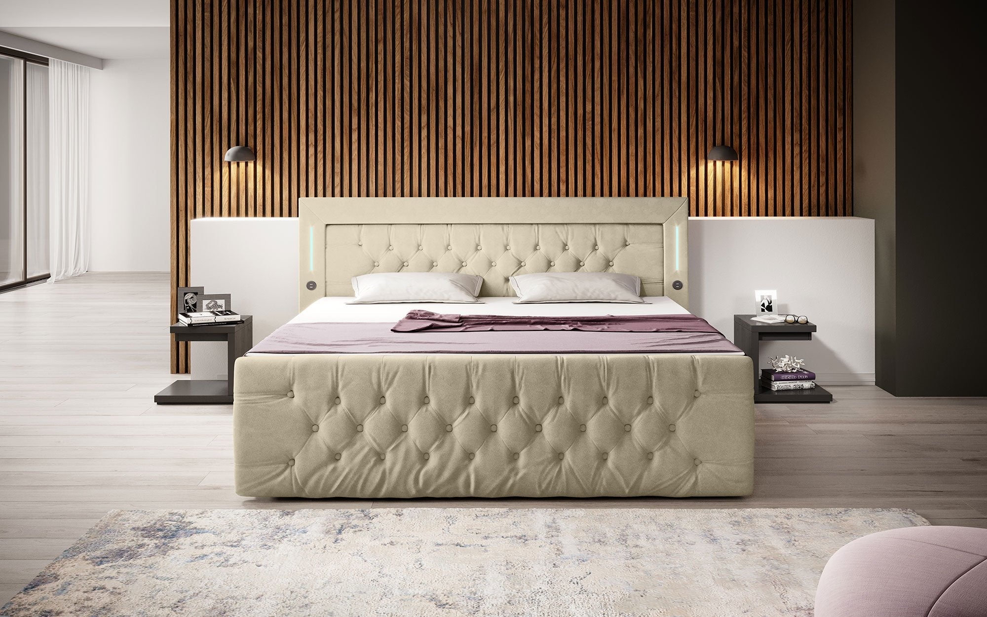 Diva Boxspringbett mit Samtbezug, LED-Beleuchtung, USB & Stauraum-Schubladen