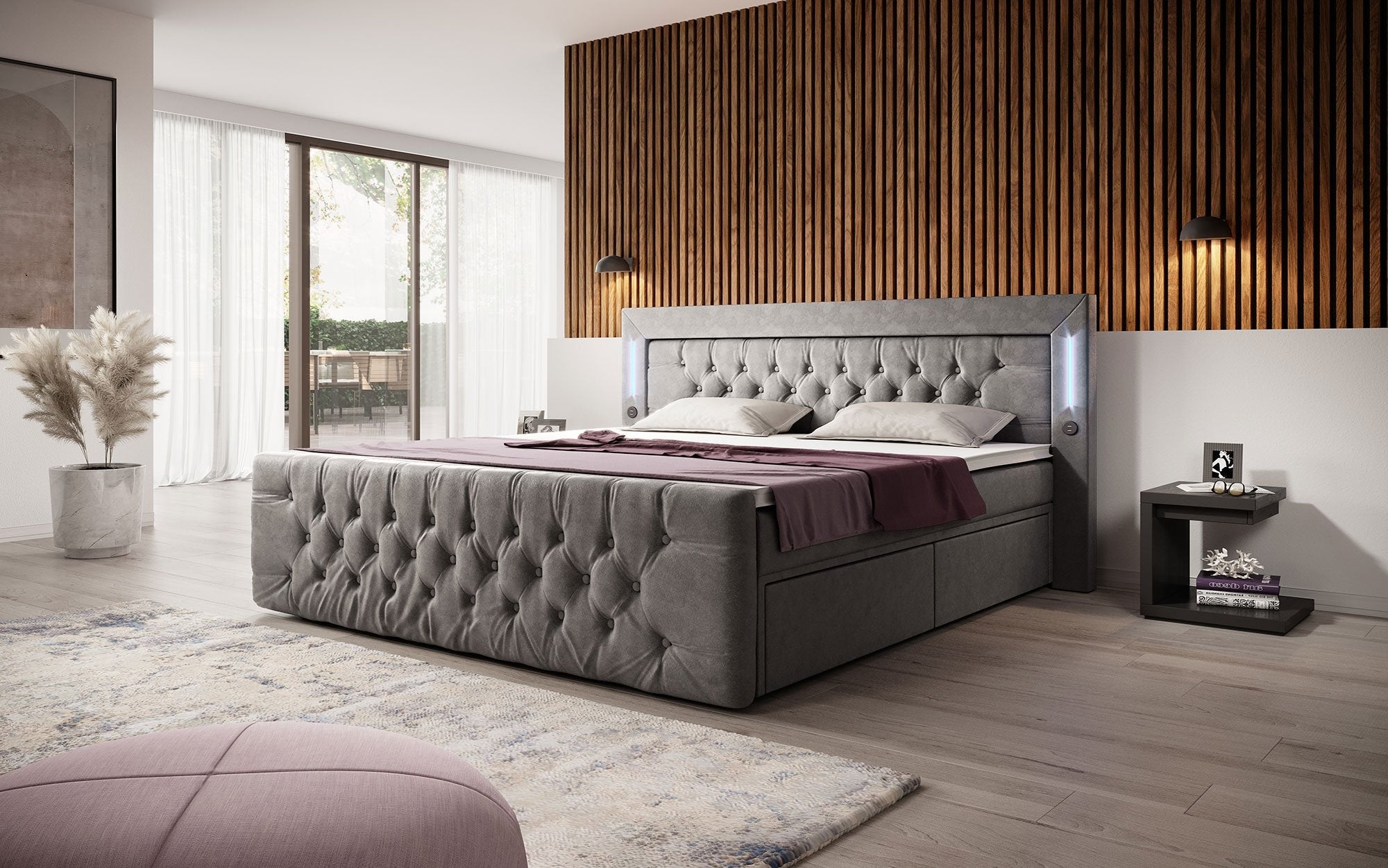 Diva Boxspringbett mit Samtbezug, LED-Beleuchtung, USB & Stauraum-Schubladen