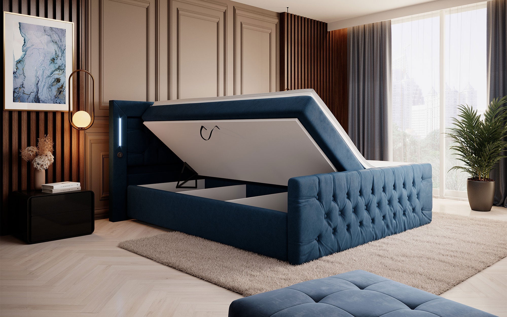 Elegance Boxspringbett Samt LED USB – Luxus Schlafzimmer mit Stauraum